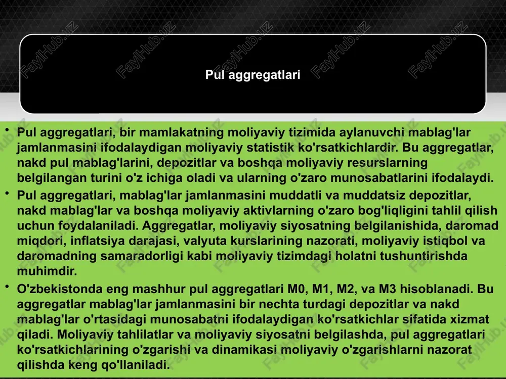 tsiya darajasini nazorat qilish: pul aggregatlari o'zgarishi va dinamikasi moliyaviy jarayonlarni tahlil qilishda muhimdir. bu tahlilatlar inflatsiya darajasini belgilash va daromad miqdorini nazorat qilishda yordam beradi. valyuta kurslarini tartibga solish: aggregatlar valyuta kurslarining nazorat qilinishida ham foydalaniladi. daromad miqdorining valyuta kurslariga ta'siri va valyuta bozorlarining xalqaro tahlil qilinishida pul aggregatlari o'z vazifalarini bajaradi. pul aggregatlari moliyaviy tahlilatlar va moliyaviy siyosatning belgilanishida katta ro'lyashishiga ega bo'lib, moliyaviy tizimning boshqa ko'rinishlari, moliyaviy siyosatning o'zgarishlari va moliyaviy istiqbolni o'ylashda muhimdir. markaziy banklar va moliyaviy institutlar tomonidan ko'rsatkichlar sifatida kuzatib boriladi va moliyaviy siyosatning samaradorligini ta'minlashda muhim vosita hisoblanadi. o'zbekistonda pul aggregatlari va moliyaviy siyosat munosabatlari qanday o'zbekistonda pul aggregatlari va moliyaviy siyosat o'rtasidagi munosabatlar, moliyaviy tizimning boshqarilishida, daromad miqdori, inflatsiya darajasi, valyuta kurslari, va moliyaviy istiqbolni belgilashda katta ahamiyatga ega. quyidagi ko'rinishlarda pul aggregatlari va moliyaviy siyosat munosabatlari o'zbekiston moliyaviy tizimida o'rnini egallaydi: daromad miqdori va pul aggregatlari: o'zbekiston respublikasi markaziy banki pul …