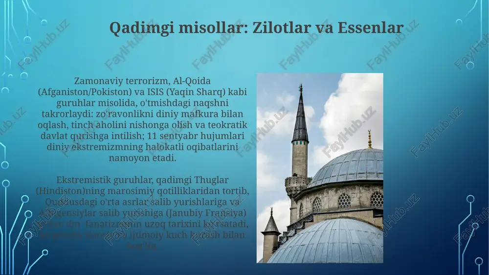 latchiligi) o'z ichiga olgan keng tushuncha bo'lib, diniy matnlarning so'zma-so'z talqinini ta'kidlaydi, ijtimoiy konservatizmni kuchaytiradi va siyosiy noroziliklar bilan birlashganda ekstremizm va terrorizmga olib kelishi mumkin salib yurishlari va diniy urushlar 19-va 20-asr diniy millatchiligi 19-asr protestant evangelizmi britaniya imperiyasini (hindiston, afrika) kuchaytirdi; 20-asr sionist millatchiligi isroil davlatining (falastin) paydo boʻlishiga sabab boʻldi; diniy ekstremizm (masalan, vahhobiylik, islom davlati) global xavfsizlikka taʼsir koʻrsatuvchi siyosiy maqsadlar uchun terrorizmni (11-sentabr hujumlari, boko haram) qoʻlladi. sovuq urush va diniy ekstremizm sovuq urushdan keyingi davrda texnologiya va globalizatsiyadan foydalangan transmilliy terroristik tarmoqlarning ko'payishi kuzatildi; 11 sentyabr voqealari global terrorizmga qarshi kurash strategiyasini tubdan o'zgartirdi dini terrorizm holatlarini o'rganish isisning (iroq va suriyadagi/sharqdagi islom davlati, 2014-hozirgi kungacha) ko'tarilishi, iroq va suriyadagi hududiy nazorati va propagandadagi ijtimoiy tarmoqlardan foydalanishi diniy ekstremizm, siyosiy imkoniyatparastlik va texnologik taraqqiyotning kuchli kombinatsiyasini ko'rsatadi al-qoida tomonidan 2001-yilgi 11-sentabrdagi hujumlar (nyu-york, pentagon, pensilvaniya) vahhobiy talqinidagi islomga asoslangan diniy terrorning misoli bo'lib, ommaviy …