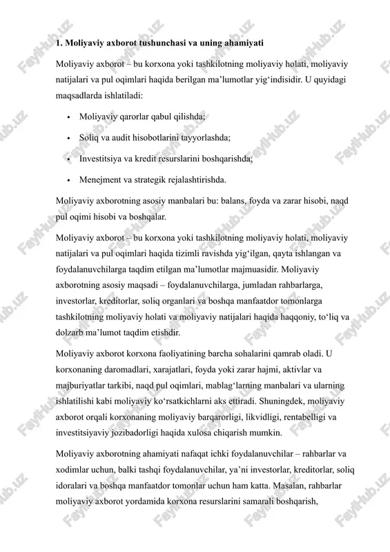 – moliyaviy axborotga asoslanadi. shu bois, axborotning haqqoniyligi, to‘liqligi va dolzarbligi korxona yoki tashkilot faoliyatining muvaffaqiyati uchun hal qiluvchi ahamiyatga ega. moliyaviy axborotning yana bir muhim jihati – u hisob-kitoblarni standartlashtirish orqali solishtiriladigan va tahlil qilinadigan ma’lumotlarni taqdim etadi. standartlashtirilgan moliyaviy hisobotlar yordamida foydalanuvchilar turli davrlar, bozorlar yoki korxonalar o‘rtasida solishtirishni amalga oshiradi. bu esa moliyaviy holatdagi o‘zgarishlarni aniqlash, barqarorlikni baholash va istiqbolli qarorlar qabul qilish imkonini beradi. shuningdek, moliyaviy axborotning huquqiy ahamiyati ham katta. u soliq qonunchiligi, audit standartlari, moliyaviy nazorat va hisobot me’yorlariga muvofiq tayyorlanadi. shu bilan birga, moliyaviy axborot korxona ichida ham ichki nazorat tizimi va auditning samarali ishlashiga xizmat qiladi. xulosa qilib aytganda, moliyaviy axborot – bu nafaqat moliyaviy holatni aks ettiruvchi, balki korxona va tashkilot faoliyatining barqarorligini ta’minlaydigan, investitsiya va kredit qarorlarini qo‘llab-quvvatlaydigan, shuningdek strategik rejalashtirish va boshqaruvni samarali qiladigan muhim vositadir. moliyaviy axborotning to‘g‘ri, dolzarb va ishonchli bo‘lishi korxona faoliyatining muvaffaqiyati, investorlarning ishonchi va …