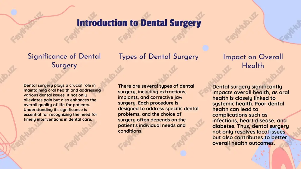 rved areas, thus improving overall patient satisfaction. impact on patient care the advancements in dental surgery have a profound impact on patient care and outcomes. with the use of modern techniques and technologies, patients experience less discomfort and faster recovery times. enhanced precision in procedures reduces the risk of complications and leads to improved long-term results. additionally, the focus on patient-centered approaches, including personalized treatment plans and better communication, fosters trust and satisfaction among patients. overall, these advancements contribute to a higher quality of dental care. minimally invasive techniques definition and benefits minimally invasive dental surgery refers to procedures that limit the size of incisions and reduce tissue damage. benefits include shorter recovery times, less post-operative pain, and minimal scarring. patients often experience quicker return to normal activities, making these techniques increasingly popular in modern dentistry. examples and statistics common techniques include laser gum surgery, which uses focused light to …