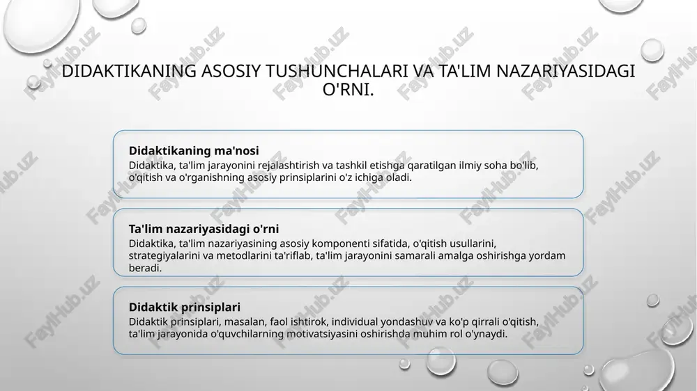 inlaydi, bu esa o'qitish jarayonida yanada samarali natijalarga erishishga yordam beradi. ta'sirli usullar o'zbekistonda qo'llaniladigan aktiv o'qitish usullari, o'quvchilarning kritikal fikrlashini rivojlantirish va mustaqil o'rganish ko'nikmalarini shakllantirishga qaratilgan. o'qitishdagi natijalar aktiv o'qitish usullari orqali talabalar, nazariy bilimlarni amaliyotga tatbiq etish imkoniyatiga ega bo'lib, ta'lim jarayonida yanada yuqori natijalarga erishadilar. differensial o'qitish: har bir o'quvchining ehtiyojlariga moslashish. differensial o'qitish differensial o'qitish, o'quvchilarning individual ehtiyojlari va qobiliyatlariga moslashgan ta'lim jarayonini ta'minlaydi, bu esa o'qitishni samarali qiladi. o'quvchi ehtiyojlari har bir o'quvchining qobiliyatlari, qiziqishlari va o'rganish uslublari turlicha. differensial o'qitish bu farqlarni hisobga olishga yordam beradi. strategiyalar va usullar differensial o'qitishda ko'p turli strategiyalar, masalan, guruh ishlari, individual mashqlar va o'zaro o'qitish usullari qo'llaniladi, bu esa o'qitishni yanada qiziqarli qiladi. ta'limda innovatsion texnologiyalarni qo'llash usullari. 1 innovatsion texnologiyalar innovatsion texnologiyalar, masalan, onlayn ta'lim platformalari, talabalarga ta'lim jarayonida interaktiv va samarali o'rganish imkonini beradi. 2 multimedia vositalari multimedia vositalari, video va animatsiyalar, o'qitishda murakkab …