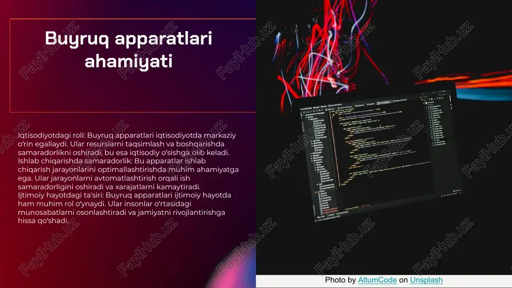 rajatlarni kamaytiradi va ishlab chiqarish sifatini oshiradi. tibbiyotda qo‘llanilishi: buyruq apparatlari tibbiy uskunalarga integratsiya qilinadi va bemorlarni davolash jarayonini yaxshilaydi. ular tezkor tashxis qo‘yish va davolashni samarali amalga oshirish imkonini beradi. kichik biznesda qo‘llanilishi: kichik bizneslar buyruq apparatlaridan xizmat ko‘rsatish sifatini oshirish va jarayonlarni tezlashtirish uchun foydalanadilar. bu, o‘z navbatida, mijozlar qoniqishini oshiradi va raqobatbardoshlikni ta'minlaydi. photo by altumcode on unsplash imkoniyatlar va afzalliklar - tez va samarali buyruq berish imkoniyatlari. - xatolarni kamaytirishga yordam beradi. - jarayonlarni avtomatlashtirish orqali vaqtni tejash. - turli sohalarda qo‘llanilish uchun moslashuvchanlik. - raqobatbardosh imkoniyatlar: buyruq apparatlari zamonaviy texnologiyalarni qo‘llab-quvvatlaydi, bu esa raqobatda ustunlik yaratadi. - innovatsion yondashuvlar: yangi dasturiy ta'minot va texnologiyalar yordamida samaradorlikni oshirish va xarajatlarni kamaytirish imkonini beradi. mavjud muammolar - texnik muammolar: buyruq apparatlari ko‘pincha texnik nosozliklarga duch keladi, bu esa ularning ish faoliyatini sekinlashtiradi. ushbu muammolarni bartaraf etish uchun muntazam xizmat ko‘rsatish va texnik nazorat zarur. - qayta ishlash …
