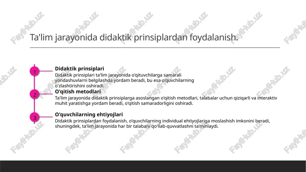 tirishga qaratilgan. o'qitishdagi natijalar aktiv o'qitish usullari orqali talabalar, nazariy bilimlarni amaliyotga tatbiq etish imkoniyatiga ega bo'lib, ta'lim jarayonida yanada yuqori natijalarga erishadilar. differensial o'qitish: har bir o'quvchining ehtiyojlariga moslashish. differensial o'qitish differensial o'qitish, o'quvchilarning individual ehtiyojlari va qobiliyatlariga moslashgan ta'lim jarayonini ta'minlaydi, bu esa o'qitishni samarali qiladi. o'quvchi ehtiyojlari har bir o'quvchining qobiliyatlari, qiziqishlari va o'rganish uslublari turlicha. differensial o'qitish bu farqlarni hisobga olishga yordam beradi. strategiyalar va usullar differensial o'qitishda ko'p turli strategiyalar, masalan, guruh ishlari, individual mashqlar va o'zaro o'qitish usullari qo'llaniladi, bu esa o'qitishni yanada qiziqarli qiladi. ta'limda innovatsion texnologiyalarni qo'llash usullari. 1 innovatsion texnologiyalar innovatsion texnologiyalar, masalan, onlayn ta'lim platformalari, talabalarga ta'lim jarayonida interaktiv va samarali o'rganish imkonini beradi. 2 multimedia vositalari multimedia vositalari, video va animatsiyalar, o'qitishda murakkab tushunchalarni tushunishga yordam beradi, o'quvchilarning qiziqishini oshiradi. 3 mobil texnologiyalar mobil texnologiyalar, masalan, ilovalar va sms ta'limi, o'qitish jarayonini soddalashtiradi va talabalar uchun qulaylik yaratadi. o'qitishda …