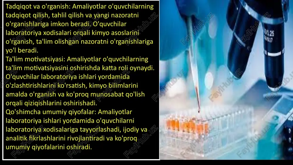 plab o'quvchilar uchun laboratoriya o'lchovlari, kimyo reagentlari va laboratoriya qo'shimchalari emas. uskunalar va materiallarni saqlash: laboratoriya uskunalarini va materiallarini saqlashni amalga oshirish uchun ularni tozalash, xavfsizlik qoidalariga amal qilish va ularni to'g'ri o'rganish juda muhimdir. uskunalar tozalash uchun kimyo asboblarini o'qutuvchilarning ko'rsatilgan qoidalari va xavfsizlik qoidalari orqali saqlash kerak. this presentation uses a free template provided by fppt.com www.free-power-point-templates.com kimyo o'qitishda ta'lim texnologiyalari va darsliklar qanday yordam beradi? kimyo o'qitishda ta'lim texnologiyalari va darsliklar, o'quvchilarni kimyo bilimini o'rganish va o'zlashtirishda yordam bera olishi uchun muhim vositalardir. quyidagi ko'rsatkichlar ta'lim texnologiyalari va darsliklar qanday yordam bera olishi mumkinligi haqida ma'lumot bermoqda: tizimli darsliklar: tizimli darsliklar, kimyo o'qitishning nazariy va amaliy qismlarini tashkil etishda yordam beradi. o'quvchilar uchun kimyo ko'nikmalari, formulalar, va amaliyotlar to'g'risida tushuntiruvchi ma'lumotlar tizimi orqali o'quvchi tushuntiriladi. virtual laboratoriya vositalari: virtual laboratoriya vositalari, o'quvchilarga amaliyotlar va kimyo jarayonlarini kompyuterlar yoki smartfonlardagi simulatsiyalar orqali tushuntirish uchun qulay vositalardir. bu, o'quvchilarga …