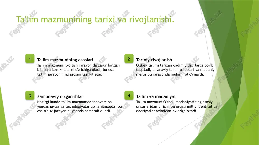 lar, o'quvchilarning an'analarga asoslangan o'rganish jarayonini rivojlantirib, ularni madaniyatga yaqinlashtiradi. metodologik yondashuv o'zbek ta'lim tizimida madaniy kontekstda metodologik yondashuvlar, o'quvchilarni faol ishtirok etishga undaydi va o'zaro hamkorlikni kuchaytiradi. an'ana va innovatsiya an'analarga asoslangan ta'lim metodlari, zamonaviy pedagogik innovatsiyalar bilan birlashtirilganda, o'quv jarayonini yanada samarali qiladi. o'zbek tilining ta'limda qo'llanilishi va ahamiyati. 1 o'zbek tilining roli o'zbek tili ta'lim jarayonida milliy identitetni saqlash va rivojlantirishda asosiy vosita sifatida xizmat qiladi, o'quvchilarning madaniyati va tarixini o'rganishga yordam beradi. 2 o'qitishda qo'llanish o'zbek tili darslarda asosiy o'quv tili sifatida qo'llaniladi, bu esa o'quvchilarga o'z fikrlarini aniq va ravon ifoda etish imkonini beradi. 3 tillararo aloqalar o'zbek tilida ta'lim, boshqa tillar bilan integratsiyalashgan holda, talabalarni global bilim va madaniyatga ochiq qilishni ta'minlaydi, ko'p tilli muhit yaratadi. ta'lim va madaniyat: o'zbek milliy identitetining shakllanishi. ta'lim va madaniyat ta'lim va madaniyat o'rtasidagi bog'liqlik, o'zbek milliy identitetining shakllanishida muhim rol o'ynaydi, an'anaviy qadriyatlarni avlodlarga yetkazishda yordam beradi. …