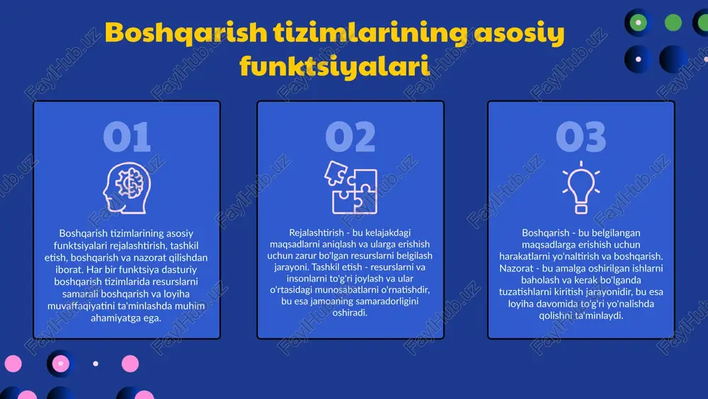 turlari va boshqa boshqaruv vositalari kompaniyalarga o'z faoliyatlarini optimallashtirish va raqobatbardoshligini oshirishda yordam beradi. samaradorlikni oshirishning asosiy yo'nalishlari dasturiy boshqarish tizimlarida samaradorlikni oshirish uchun zamonaviy texnologik yangiliklardan foydalanish zarur. masalan, bulutli hisoblash, sun'iy intellekt va ma'lumotlar tahlili yordamida jarayonlarni tezlashtirish mumkin. jarayonlarni optimallashtirish orqali resurslardan foydalanishni yaxshilash va xarajatlarni kamaytirish mumkin. bu uchun jarayonlarni tahlil qilib, takomillashtirish yo'llarini aniqlash kerak. xodimlarni tayyorlash va ularning malakasini oshirish, dasturiy boshqarish tizimlarining samaradorligini oshirishda muhim rol o'ynaydi. o'qitish dasturlari va treninglar orqali xodimlarning bilim va ko'nikmalarini rivojlantirish lozim. 02 01 03 texnologik yangiliklar bulutli texnologiyalar bulutli texnologiyalar dasturiy boshqarish tizimlarining samaradorligini oshirishda muhim rol o'ynaydi. ular resurslarni tejash, tezkor ma'lumotlarni qayta ishlash va global darajada hamkorlik qilish imkoniyatlarini taqdim etadi. sun'iy intellekt sun'iy intellekt dasturiy boshqarish tizimlarida avtomatlashtirish va qaror qabul qilish jarayonlarini yaxshilashga yordam beradi. u ma'lumotlarni tahlil qilish, foydalanuvchi xatti-harakatlarini prognozlash va jarayonlarni optimallashtirishda qo'llaniladi. yangi imkoniyatlar yangi texnologiyalar dasturiy boshqarish …