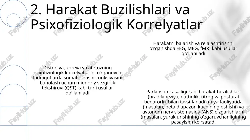 yo'llar) va korteks (motor rejalashtirish, bajarish; birlamchi motor korteksi (m1), premotor korteksi (pmc), qo'shimcha motor maydoni (sma)) miyacha (kichik miya)ning hissasi muhim; miyacha orqa miya, miya sopi va miya qobigʻidan maʼlumot oladi va harakat muvofiqlashtiruvchi, vaqtlashtirish va moslashishga (masalan, purkinye hujayralari va chuqur miyacha yadrolari orqali) hissa qoʻshadi 8. motor nazorat ierarxiyalari tayyorlik potentsiali (bp), lateralizatsiyalangan tayyorlik potentsiali (lrp) va motor potentsial (mp) kabi maxsus mrplar reaksiya vaqti topshiriqlari (oddiy, tanlovli), go/no-go topshiriqlari va ketma-ket barmoq harakatlari orqali o'rganiladi. amplitudasi va latentsiyasi motor tayyorgarligi, niyati va bajarilishini ko'rsatadi. eeg miya elektr faolligini (µv) bosh terisiga o'rnatilgan elektrodlar (10-20 sistema) orqali o'lchab, harakat bilan bog'liq potentsiallar (mrp) kabi voqeaga bog'liq potentsiallarni (erp), masalan, ixtiyoriy harakatlardan oldin paydo bo'ladigan tayyorgarlik potentsiallarini (rp) aniqlaydi harakatning psixofiziologiyasi harakatni boshqarishning neyron mexanizmlarini tushunish uchun eeg/erp ma'lumotlarini xulq-atvor ko'rsatkichlari (reaksiya vaqti, harakat kinematikasi) bilan birlashtiradi. tadqiqotlar harakatni tasavvur qilish, harakatni o'rganish (masalan, moslashuv vazifalari) va harakatga …