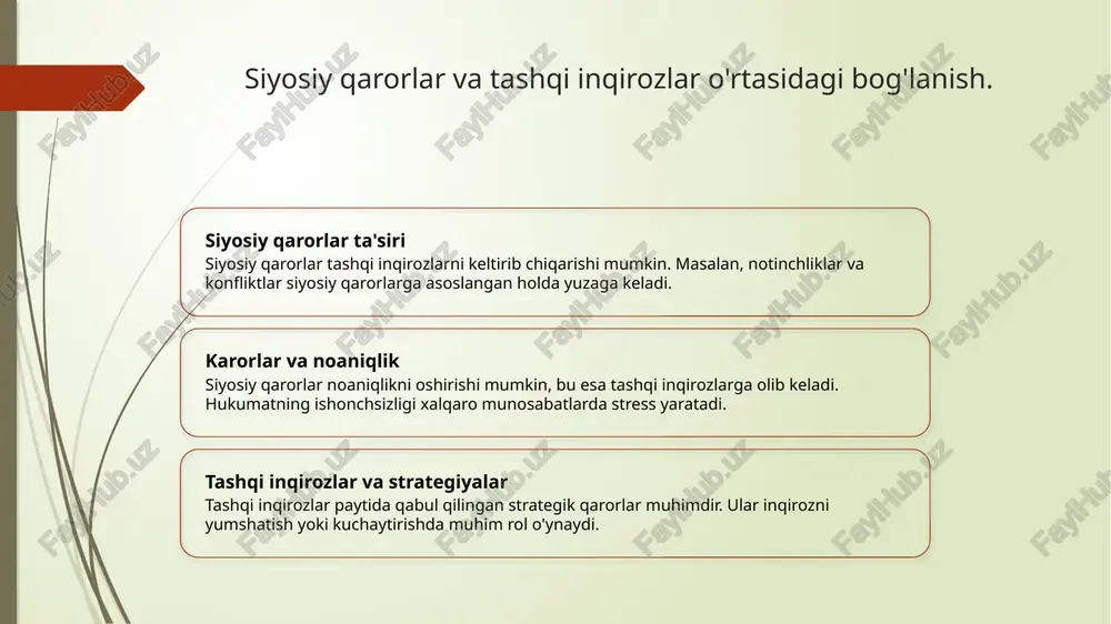 dlar va xavflarni keltirib chiqaradi, bu esa ijtimoiy beqarorlikka olib kelishi mumkin. 3 o'zbekistondagi kontekst o'zbekistonda ijtimoiy media, siyosiy nazorat va ijtimoiy harakatlar o'rtasidagi munosabatlarni o'rganish, yoshlarning faolligini oshirishda muhim ahamiyatga ega. ijtimoiy adolat va inqirozlar: o'zbekistondagi misollar. 1 ijtimoiy adolat va inqirozlar ijtimoiy adolat, ijtimoiy tizimdagi muvozanatni saqlashda muhim rol o'ynaydi. o'zbekistonda, bu masala ko'plab inqirozlarga sabab bo'lgan. 2 o'zbekistondagi misollar o'zbekistonda ijtimoiy adolat bilan bog'liq inqirozlar misollaridan biri, 2010 yilda bo'lgan andijon voqealaridir, bu inqiroz ijtimoiy norozilikdan kelib chiqqan. 3 ijtimoiy harakatlar ta'siri ijtimoiy harakatlar, masalan, 2020 yildagi katta qo'rg'ontepa voqealari, ijtimoiy adolatni talab qilgan va ularning natijalari inqirozlarni keltirib chiqardi. boshqariladigan insidentlar: tushuncha va ahamiyati. 1 boshqariladigan insidentlar - boshqariladigan insidentlar, muayyan vaziyatlar va hodisalarni nazorat qilish va boshqarish jarayonidir, ularning maqsadi xavf va noqulayliklarni kamaytirishdir. 2 ahamiyati - boshqariladigan insidentlarning ahamiyati, risklarni samarali boshqarish orqali tashkilot va jamiyat xavfsizligini ta'minlashda, shuningdek, ijtimoiy barqarorlikni saqlashda namoyon bo'ladi. …