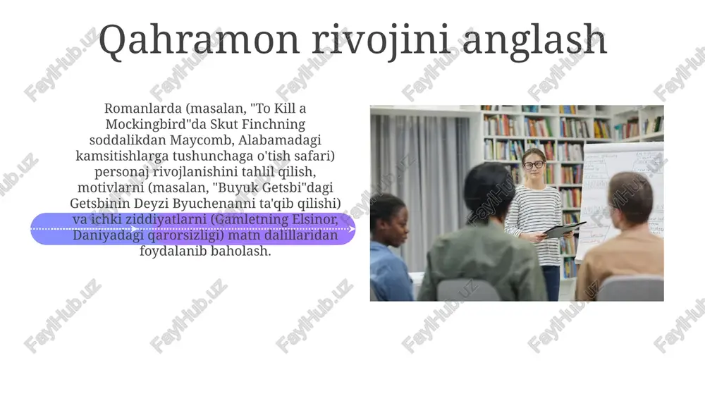 ologlar) va boshqa qahramonlar bilan munosabatlarini (masalan, gamletning klavdiy va gertrud bilan munosabatlari) o'rganishni talab qiladi sales 1st qtr 2nd qtr 100 0 sales 1st qtr 2nd qtr 100 0 xarakter xususiyatlarini o'rganish attikus finch (to kill a mockingbird) va uning qizi skutning 1930-yillardagi amerika janubidagi axloqiy taraqqiyoti va jamiyatga ta'sirini, matndan dalillar keltirib, taqqoslash va farqlash, ikki qahramonning kamsitishga turlicha munosabatini tahlil qilish. "buyuk getsbi" (g'arbiy tuxum, long island, 1920-yillar) dagi adabiy uslublarni (masalan, simvolizm, oldindan xabar berish) aniqlash orqali jay getsbini xayoliy qiyofasini tushunish; fitsjeraldning 180 sahifasidagi personajlar talqiniga ta'sir qiluvchi rivoyatning ishonchliligini baholash. qahramonlarni solishtirish va taqqoslash attikus finch (qushlarni o'ldirish) va elizabet bennet (mag'rurlik va xurofot) qahramonlarini solishtirish: adolat va ijtimoiy kutish o'rtasidagi axloqiy tamoyillar farqi, maykom va hertfordshirda ularning harakatlariga ta'siri; ichki ziddiyatlarini va o'sishini ko'rsatuvchi hikoya uslublarini tahlil qilish. xarakter rivojlanishini baholash: uinston smit (o'n to'qqiz sakson to'rt) va skavt finch (maykomni o'ldirish) kabi …