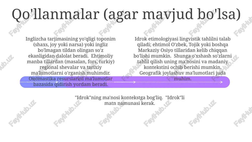 omlarini (ismlar, joylar) geografik va madaniy kontekst uchun hisobga oling. tahlil fonologik va morfologik tadqiqotni talab qiladi. "idrok" so'zini rus, o'zbek, fors tillaridagi o'xshash so'zlar bilan solishtirish shu til oilalaridagi mumkin bo'lgan ildizlarni yoki bog'liq leksik birliklarni aniqlashga yordam beradi idrokni ta'riflash "idrok"ning aniq ma'nosini bilish uchun tilviy kontekst, geografik joylashuv va unga yaqin so'zlar kerak. turk (o'zbek, qirg'iz), slavyan tillari yoki boshqa tillardan kelib chiqishi mumkin. fonetik o'xshashliklarni tahlil qilish ham muhim. kontekstsiz "idrok"ning ma'nosi noma'lum. uning ma'nosi manba tiliga va madaniy qo'llanishiga bog'liq. tahlil uchun misol gap, qo'shni so'zlar yoki kelib chiqish mintaqasi (masalan, o'zbekiston, tojikiston, rossiyaning volga bo'yi) kerak. fonetik yozuv ham yordam berishi mumkin. "idrok" ma'nosini aniqlash uchun keng tadqiqot kerak, chunki to'g'ridan-to'g'ri inglizcha tarjimasi yo'q. hududiy lug'atlar va lingvistik ma'lumotlar bazalarini (masalan, ethnologue) o'rganish muhim. gegrafik hududni toraytirish uchun turli til oilalaridagi o'xshash so'zlar bilan solishtirishni o'ylab ko'ring. xulosa va keyingi qadamlar keyingi qadamlar kengroq …