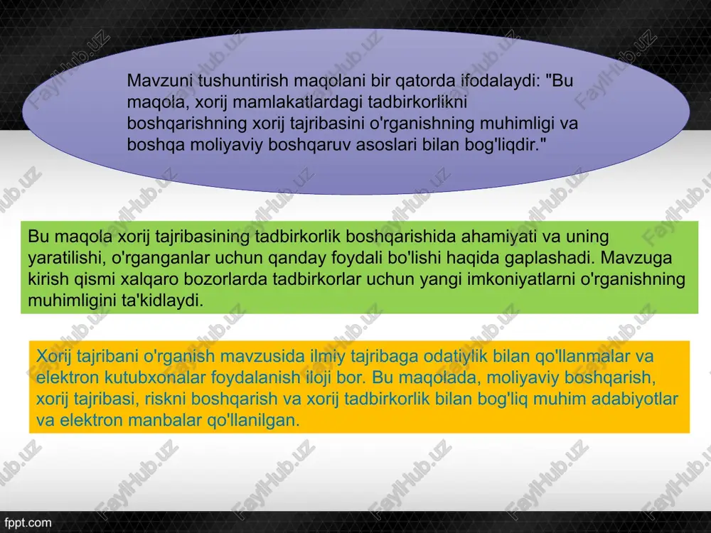 iga olishi mumkin. risklar baholash: har bir riskni ularga tashkil etilgan sharhlari, shakllari va ta'sirlari bilan baholang. bu baholash natijasida, har bir riskning xavfi va ularga qanday e'tibor qilinishi kerakligini aniqlash uchun tajribalarni va ilmiy metodlarni qo'llashingiz mumkin. risk tahlili va baholash: moliyaviy mustahkamlash va mahsulot diversifikatsiyasi: sigorta: xorij mamlakatlardagi tadbirkorlar uchun moliyaviy himoyalash muhimdir. xavfli holatlarga qarshi tijorat sigortalari, moliyaviy mustahkamlash shirkatlari yordam beradi. valyuta boshqarish: valyutalarni boshqarish va xorij valyutalar bilan o'tkazmalarni boshqarish uchun yangi strategiyalarni rivojlantirish. valyuta bozorlarini monitoring qilish va qo'shimcha valyuta mustahkamlashlari olish muhimdir. mahsulot diversifikatsiyasi: mahsulotlar va xizmatlar portfolioni kengaytirish, boshqa mamlakatlardagi bozorlar, tijorat muhitlari va sohalari bilan bog'liq risklarni ozod qilishga yordam beradi. yangi mahsulotlar va xizmatlar olib borish va tarqatish o'rganilgan mahsulotlar portfolioni diversifikatsiya qilishda muhimdir. diplomatik munosabatlar va shaxsiy aloqa yuridik ko'rik yozish va imtiyozlar: diplomatik munosabatlar: xorij mamlakatlardagi tadbirkorlikni boshqarish uchun xorij mamlakatlarning hukumatlari bilan diplomatik munosabatlar o'rnating. bu, diplomatik …