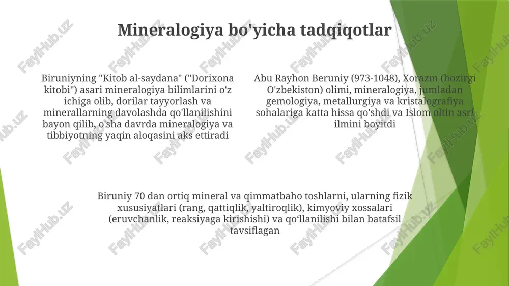 rdagi puxta kuzatishlarni o'z ichiga olgan ilmiy yondashuv empirik tekshiruv, mavjud nazariyalarning tanqidiy tahlili, turli madaniyatlarni taqqoslash va jismoniy dunyoni tushunishda matematika hamda geometriyaning qo'llanilishini o'z ichiga olgan biruniyning hayoti taxminan 973-1048 yillar oralig'ida, asosan markaziy osiyo (xorazm, hozirgi o'zbekiston) va g'aznaviylar imperiyasi (hozirgi afg'oniston)da o'tgan siyosiy va ijtimoiy kontekst abu rayhon beruniy (973-1048), xorazmning kath shahrida (hozirgi o'zbekiston) tug'ilib, somoniylar va keyinchalik g'aznaviylar davrida faoliyat yuritdi biruniyning ijtimoiy muhiti ko'p madaniyatli muhitdagi intellektual ochiqlik va munozaralar bilan ajralib turdi. u, ayniqsa hindiston va yunoniston ilmiy an'analarini o'rganib, o'sha davr markaziy osiyo shaharlarining kosmopolit xususiyatini aks ettirdi biruniyning hayoti katta siyosiy o'zgarishlar davriga to'g'ri keldi; somoniylar saltanatining qulashi va g'aznaviylar saltanatining ko'tarilishi uning faoliyati va imkoniyatlariga sezilarli ta'sir ko'rsatdi tanqid va tahlil biruniyning "qonun al-mas'udiy" (1030 yil) asari astronomiya va geografiya bo'yicha keng qamrovli matn bo'lib, abbasid xalifaligi va undan tashqarida darhol tan olindi hamda 11-asr fors olimlariga, xususan 150 …