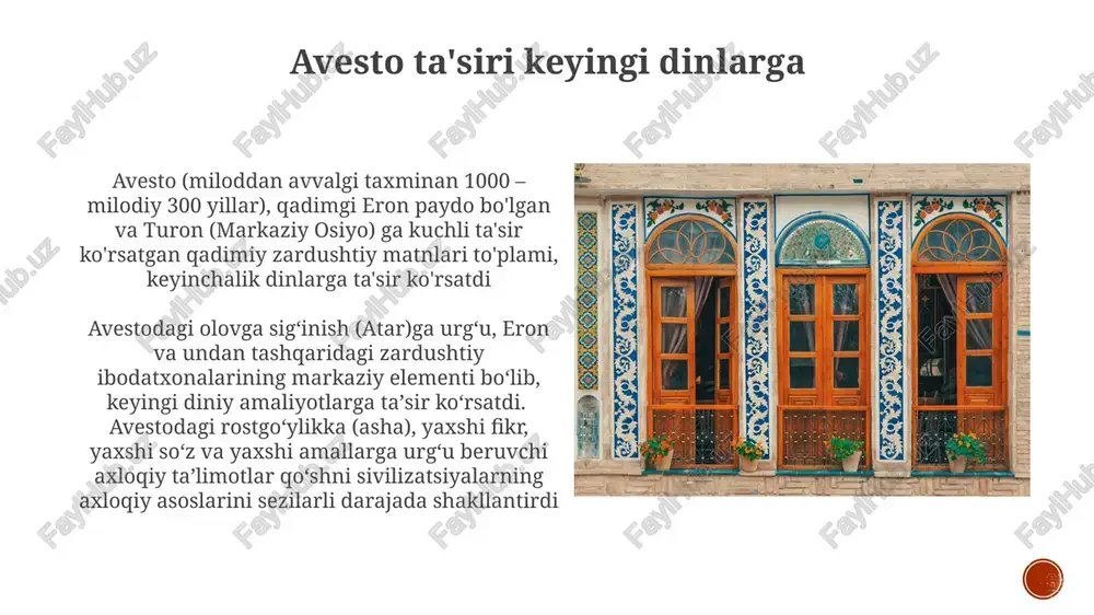 , qadimgi fors, baktriya, sog'diyona va xorazmga yetdi oxiratshunoslik va oxirat avesto – qadimgi eron matnlar toʻplami, jumladan, zardushtga mansub deb hisoblangan gotalar (duolar) – garōδmān (jannat) va druj (do'zax) bilan ikki tomonlama kosmologiya tasvirlaydi avestoda (miloddan avvalgi 1200-1000-yillar) tafsil etiladigan zardushtiy qiyomatshunosligi oxiratdagi hukm (frashōkereti)ni, angra mainyu (yovuz ruh) va ahura mazda (xudo) o'rtasidagi 300 yillik ziddiyatni va vaqt oxirida dunyoning yangilanishini (frashokereti) tasvirlaydi, bu eron va turonning barcha mavjudotlariga ta'sir qiladi. ikki qutblilik va yaxshilik bilan yomonlik o'rtasidagi kurash avesto qadimgi eron (fors)da kelib chiqqan va turoniy madaniyatlarga ta'sir ko'rsatgan bo'lib, ming yillar davomida ko'plab madhiyalar va rivoyatlar orqali bu ziddiyatni batafsil bayon etadi, zardushtiy kosmologiyasini aniqlaydi va keng geografik hududlarda millionlab odamlarning axloqiy va diniy hayotini shakllantiradi. avestoda (eron va turonning qadimgi muqaddas kitobi) tasvirlanganidek, zardushtiylik dualizmi ahura mazda (yaxshilik) va angra mainyu (yomonlik) o'rtasidagi kosmik kurashni aks ettirib, miloddan avvalgi vii asr eron va markaziy osiyo …