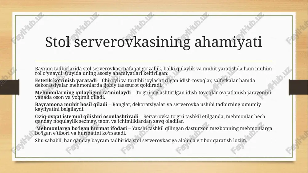 yordam beradi. tematik dekoratsiyalar, masalan, yangi yil bayrami uchun archa shoxchalari, to‘y dasturxoni uchun nafis bezaklar yoki milliy bayramlar uchun an’anaviy naqshli elementlar stolga o‘ziga xoslik baxsh etadi. bezak elementlari ortiqcha bo‘lmasligi, ovqatlanish va idish-tovoqlardan foydalanishda noqulaylik tug‘dirmasligi lozim. estetik va tartibli joylashtirilgan dekoratsiya mehmonlarga yoqimli taassurot qoldiradi. salfetkalarni bezash usullari salfetkalar nafaqat gigiyena vositasi, balki stol bezaklarining muhim qismi hisoblanadi. ularni turli usullarda buklash va bezash bayram stoliga yanada chiroyli ko‘rinish beradi. salfetkalarni bezashning asosiy usullari: oddiy buklama – salfetka chiroyli to‘rtburchak shaklda buklanib, likop ustiga yoki yoniga qo‘yiladi. konvert shakli – ichiga qoshiq, vilka va pichoq joylashtirish uchun mos keladi. yelpig‘ich shakli – stolga nafislik baxsh etuvchi klassik usul. gul shakli – maxsus buklash texnikasi yordamida salfetka gul shaklida joylashtiriladi. halqa ichida – salfetka maxsus bezakli halqalar ichiga solinib, stol dekoriga moslashtiriladi. salfetkalar matodan yoki qog‘ozdan bo‘lishi mumkin. ularning rangi va uslubi tadbir mavzusiga mos tanlanishi lozim. chiroyli …