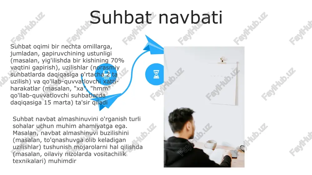 rniya yong'inlari haqidagi soat 7 da bo'lgan yangiliklarni ko'rdingizmi?" (dolzarb voqea) yoki "kvant kompyuterlari sohasidagi so'nggi yangiliklar haqida fikringiz qanday?" (muayyan sohaga tegishli) kabi savollar bilan boshlash mumkin muloqotni " kaliforniya yong'inlari haqidagi soat 7 da bo'lgan yangiliklarni ko'rdingizmi?" (dolzarb voqea) yoki "kvant kompyuterlari sohasidagi so'nggi yangiliklar haqida fikringiz qanday?" (muayyan sohaga tegishli) kabi savollar bilan boshlash mumkin qiyin suhbatlar muloqot strategiyalari faol tinglashni, eshitganlarning 70-80%ini aks ettirishni, "men" iboralarini ishlatishni, "sen" ayblovlarini kamaytirishni, empatiya orqali nuqtai nazarlarni tushunishni va 2018 yildagi harvard muzokara loyihasining braziliya va germaniya transmilliy guruhlari bo'yicha tadqiqotlarida ko'rsatilgandek, o'zaro manfaatli natijalarga erishishni talab qiladi qiyin suhbatlar (ish joyidagi muloqotlarning 20-30%), koʻpincha jahon ofislaridagi baholash jarayonlarida uchrab, london, nyu-york va tokiodagi xilma-xil jamoalarda konfliktlarni hal qilish muammolariga olib keladi samarali muloqotga to'sqinlik qiluvchi omillar tilga bog'liq to'siqlar: lahja farqlari (masalan, aqsh janubi va kokni ingliz tili), cheklangan lug'at boyligi (appalachiya kabi qishloq joylarida 65 yoshdan oshganlarning …