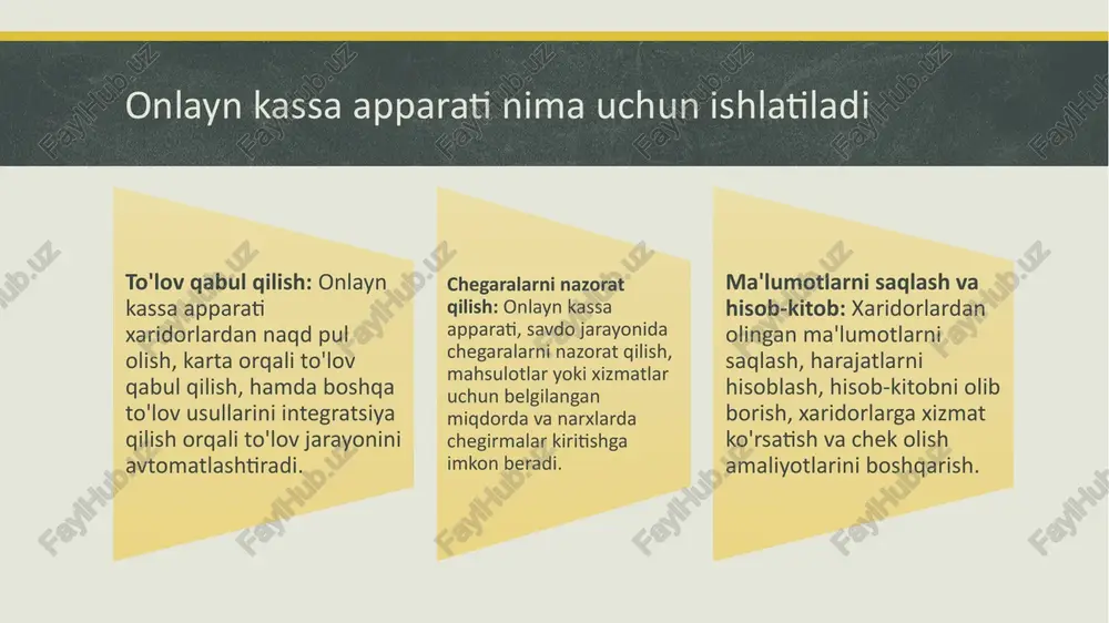 z to'lov imkoniyatini yaratadi, shuningdek, savdo muomalalarini aniqlash va cheklar tuzishda ham qulaylik ko'rsatadi. moliyaviy transparensiya: onlayn kassa apparatlari, tijorat transparensiyasini oshirishga yordam beradi, davlatning moliyaviy hisob-kitob tizimiga o'tish va hisob-kitob ma'lumotlarini qayta ishlovchi imkoniyatini ta'minlaydi. savdo jarayonini optimallashtirish: onlayn kassa apparatlari, savdo jarayonini tezroq va aniq boshqarishda yordam beradi, xaridorlar bilan ishlashni osonlashtiradi va xizmat ko'rsatish jarayonini yangilashga imkon beradi o'zbekistonda onlayn kassa apparatlaridan foydalanish printsipi va samaradorligi swot tahlili chegaralarni takomillashtirish (weaknesses): texnikaviy muammolar: ba'zi holatlarda onlayn kassa apparatlari texnikaviy muammolar, internet ulanmaganligi yoki dasturiy xato tufayli xizmat ko'rsatishni to'xtatishi mumkin. haridorlarning texnologiyaga ishonishi: ba'zi haridorlar, elektron to'lov va onlayn kassa tizimi bilan tanishmasligi yoki ularni qabul qilishda qiyinliklar tug'ilishi mumkin. fursatlar (opportunities): tijoratni modernizatsiya: onlayn kassa apparatlari, o'zbekiston tijoratini modernizatsiya qilishda katta rolini o'ynayadi, yangi xizmatlar va qulayliklar kiritish orqali tijoratni yanada rivojlantirish imkoniyatini beradi. elektron to'lovning osonlashtirilishi: tijorat sohasida elektron to'lov usullarining osonlashtirilishi, onlayn kassa apparatlari …
