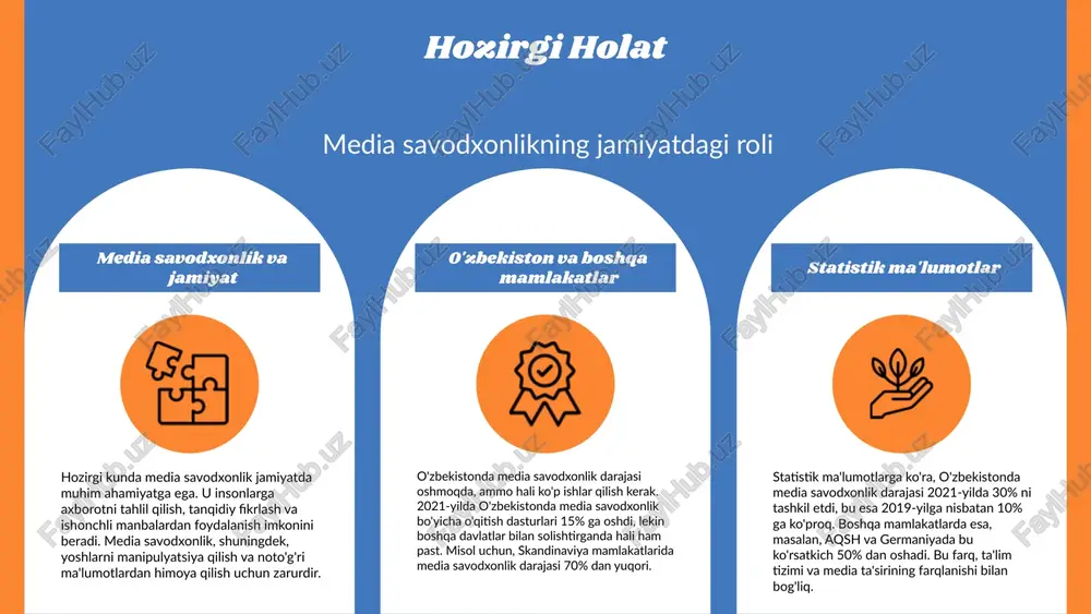 zgartiradi. odamlar axborotni faqat qabul qiluvchi sifatida emas, balki tanqidiy fikrlovchi va faol ishtirokchilar sifatida ko'rishga o'rgatiladi. bu esa axborotning ishonchliligini baholash va to'g'ri qarorlar qabul qilishda muhim rol o'ynaydi. axborot savodxonligining foydalari axborot savodxonligi shaxsiy rivojlanish uchun muhimdir. u foydalanuvchilarga axborot manbalarini samarali izlash, o'rganish va ulardan foydalanish imkonini beradi. shu bilan birga, bu jamiyatda axborotga asoslangan qarorlar qabul qilishni rag'batlantiradi, natijada iqtisodiy va ijtimoiy taraqqiyotga hissa qo'shadi. photo by altumcode on unsplash o'zbekistonda axborot savodxonligi o'zbekistonda axborot savodxonligi sohasida bir qator ijobiy o'zgarishlar ro'y bermoqda. davlat siyosati axborot savodxonligini rivojlantirishga qaratilgan ko'plab tashabbuslarni qo'llab-quvvatlamoqda, jumladan, ta'lim tizimida zamonaviy texnologiyalardan foydalanishni kengaytirish. biroq, axborot savodxonligi darajasining oshishi bilan bog'liq bir qancha muammolar ham mavjud. misol uchun, aholi orasida axborot manbalarini to'g'ri baholash qobiliyati hali ham past darajada, shuningdek, ta'lim muassasalarida axborot savodxonligini o'rgatish bo'yicha yetarli resurslar yetishmayapti. o'zbekistonning axborot savodxonligi rivojlanishi global miqyosda e'tiborga sazovor bo'lib, boshqa mamlakatlardagi tajribalar …