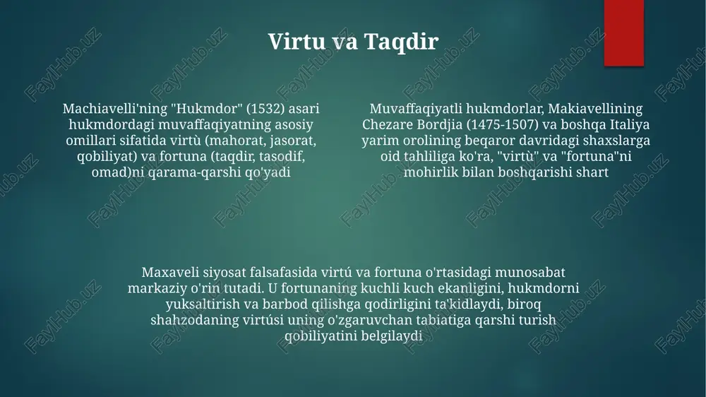 an tashqaridagi ko‘plab tarixiy misollari misol bo‘ladi maxaveli shahzoda sevgi emas, qoʻrquvni uygʻotishi kerak, deb himoya qiladi, davlat xavfsizligini hamma narsadan ustun qoʻyadi. bunga 15-asr italiyasidagi sezar borjaning shafqatsiz, ammo samarali hukmronligi misol. 15-asr florentsiyalik hukmdorlar singari, samarali hukmdorlar xalqning fikri va haqiqiy sadoqatining muhimligini tushunishadi e'tiboringiz uchun rahmat @taqdimot_robot image1.png image2.png image3.png image4.png image5.png image6.png image7.png image8.png image9.png image10.png