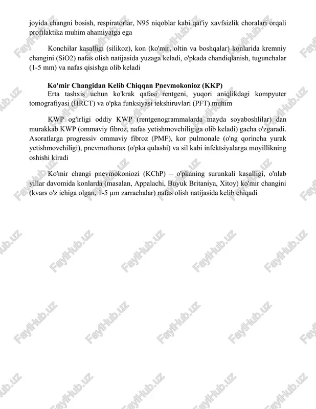 abi ixtisoslashgan bo'limlarning ko'p tarmoqli yondashuvini talab qiladi. ish joyida changni bosish, respiratorlar, n95 niqoblar kabi qat'iy xavfsizlik choralari orqali profilaktika muhim ahamiyatga ega konchilar kasalligi (silikoz), kon (ko'mir, oltin va boshqalar) konlarida kremniy changini (sio2) nafas olish natijasida yuzaga keladi, o'pkada chandiqlanish, tugunchalar (1-5 mm) va nafas qisishga olib keladi ko'mir changidan kelib chiqqan pnevmokonioz (kkp) erta tashxis uchun ko'krak qafasi rentgeni, yuqori aniqlikdagi kompyuter tomografiyasi (hrct) va o'pka funksiyasi tekshiruvlari (pft) muhim kwp og'irligi oddiy kwp (rentgenogrammalarda mayda soyaboshlilar) dan murakkab kwp (ommaviy fibroz, nafas yetishmovchiligiga olib keladi) gacha o'zgaradi. asoratlarga progressiv ommaviy fibroz (pmf), kor pulmonale (o'ng qorincha yurak yetishmovchiligi), pnevmothorax (o'pka qulashi) va sil kabi infektsiyalarga moyillikning oshishi kiradi ko'mir changi pnevmokoniozi (kchp) – o'pkaning surunkali kasalligi, o'nlab yillar davomida konlarda (masalan, appalachi, buyuk britaniya, xitoy) ko'mir changini (kvars o'z ichiga olgan, 1-5 µm zarrachalar) nafas olish natijasida kelib chiqadi xulosa konchilar kasalligi, silikoz va ko'mir …