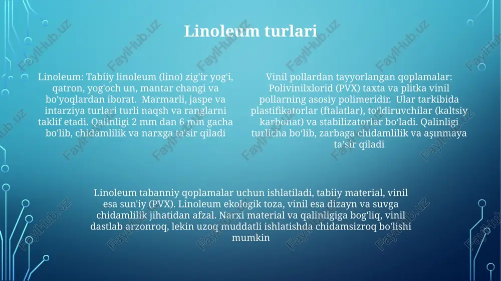 olarida uning samaradorligi va pvxga nisbatan ekologik tozaligini ko'rsatadi. jahonning turli universitetlari (masalan, delft texnika universiteti tadqiqoti) tomonidan tasdiqlangan bioparchalanuvchanligi uning ekologik jozibadorligiga hissa qo'shadi. linoleumning chidamliligi tarkibiy qismlarning sifati va nisbatiga bog'liq bo'lib, uning umrini belgilaydi (masalan, armstrong kompaniyasining tadqiqotlariga ko'ra, aqsh ofis binolarida o'rtacha harakatlanishda 20 yil) forbo (niderlandiya) kompaniyasining linoleum ishlab chiqarishida zig'ir yog'i (30-50%), qatron (10-15%), yog'och un (20-30%) kabi tabiiy polimerlar, shuningdek, to'ldirgichlar (masalan, mantar changi, ohaktosh) ishlatiladi. aralashma jut taglikka qo'llanib, 2 dan 6 mm gacha qalinlikdagi qoplamalar hosil qilinadi. linoleum tarkibi etilen (tabiiy gaz/neftni qayta ishlash zavodlaridan), propilen (neftni qayta ishlashdan) va stirol (etilbendoldan olingan) monomerlari polimer qurilish materiallarida keng qo‘llaniladi linoleum tarkibida 25-40% zigʻir yogʻi, 25-35% yogʻoch uni/tiqin changi (aqsh janubi-sharqi va skandinaviya oʻrmonlaridagi barqaror manbalardan), 15-25% qatron, 5-10% pigmentlar (rangga qarab, jahon boʻylab), va oz miqdorda (1-5%) jut matodan tayyorlangan taglik materiali (koʻpincha bangladesh yoki hindistondan) boʻladi linoleum, ko'pgina polimer asosidagi …