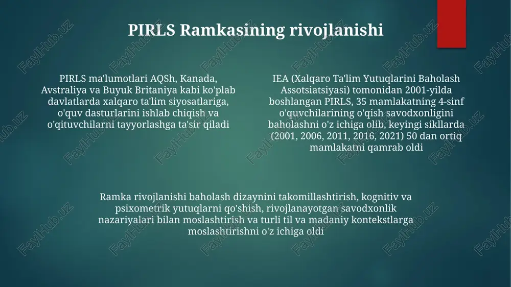 boshlangan pirls, 60 ga yaqin mamlakat/hududdagi 4-sinf o'quvchilarining o'qishni tushunish qobiliyatini baholaydi; rasch modeli va irt (bandarish javobi nazariyasi) yordamida tahlil qilinadi, o'rtacha o'qish ballari, malaka darajalari (masalan, yuqori, o'rta, past) aniqlanadi hisobotlar topilmalarni samarali yetkazish uchun turli vizuallashtirish usullaridan (masalan, ustun diagrammalari, tarqalish diagrammalari, mamlakatlarning natijalarini ko'rsatuvchi xaritalar) foydalanadi dastlabki yillar va dastlabki maqsadlar 2001-yilda iea (xalqaro ta'lim yutuqlari baholash assotsiatsiyasi) tomonidan boshlangan pirls 35 mamlakatda 4-sinf o'quvchilarining o'qishni tushunishini baholadi; dastlabki uchrashuvlar amsterdamda bo'lib o'tdi. keyingi pirls tsikllari (2006, 2011, 2016, 2021) xitoy, aqsh va avstraliya kabi 60 dan ortiq davlatlarni qamrab olib, savodxonlik ko'nikmalariga, o'qishni tushunish va unga bog'liq omillarni baholashga qaratildi. kelajakdagi yo'nalishlar va muammolar 2030-yilga kelib, pirlsning global qamroviga va ma'lumotlarning ishonchliligiga ta'sir qiluvchi xalqaro taqqoslashning ishonchliligini ta'minlash, turli hududlardan (masalan, qishloq va shahar hindistoni) vakillik namunalarini olish va turli o'quv ehtiyojlariga ega bo'lgan o'quvchilar uchun baholashni moslashtirish kabi qiyinchiliklar mavjud. 1991-yilda boshlangan pirls, 35 …