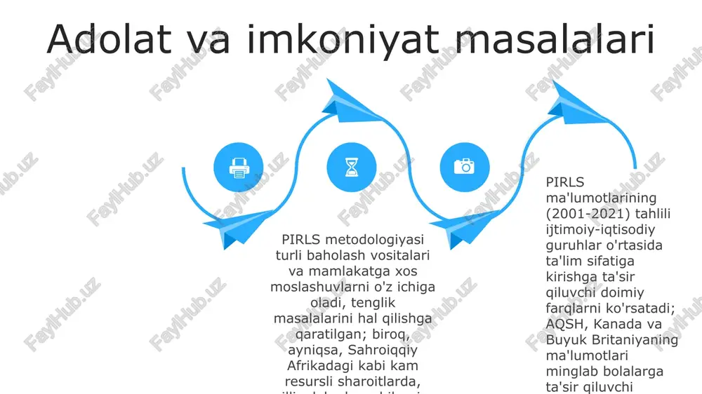 otin amerikasi va saxara janubidagi afrika kabi hududlar bo'yicha global savodxonlik tendentsiyalari va tafovutlarini ko'rsatadi mamlakatlararo taqqoslash va tendentsiyalar pirls, 1991-yilda boshlangan, 4-sinf o'quvchilarining o'qishni tushunishini taxminan 50 mamlakatda baholaydi; tendentsiyalar global savodxonlik farqlarini va tashkil topganidan beri yutuqlarni ko'rsatadi; ishtirok etuvchi davlatlar orasida aqsh, buyuk britaniya, kanada, avstraliya, yaponiya va boshqalar bor. 06 05 04 03 02 pirlsning kelajak yo'nalishlari 01 02 dasturning iea ning o'qish savodxonligi tadqiqotidan standartlashtirilgan, xalqaro miqyosda baholanadigan baholashga o'tishi metodologik yutuqlarni (masalan, rash modellashtirish) va tobora ortib borayotgan global hamkorlikni (masalan, timss bilan) aks ettiradi. 2001-yilda boshlangan pirls 60 dan ortiq mamlakatlarda 4-sinf o'quvchilarining o'qishni tushunishini baholaydi; kelajakdagi yo'nalishlar raqamli savodxonlikni o'rganish va ko'p tilli baholarni qo'shish, turli xil aholi guruhlarini (masalan, kanada va avstraliyadagi mahalliy aholi) qamrab olishni o'z ichiga oladi. 03 kelajakdagi pirls testlari kognitiv fanlar (masalan, ishchi xotira) bilimlarini topshiriqlarni yaratishga, ijtimoiy-iqtisodiy tengsizliklarni (masalan, bangladesh kabi rivojlanayotgan davlatlardagi resurslarga tengsiz kirish) …