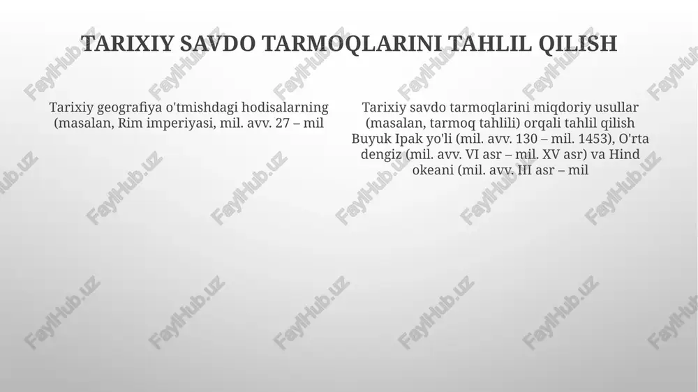 vaqt va makonda o'rganadi (masalan, 1930-yillardagi aqshdagi changli kosalar yoki sanoat inqilobining temza daryosiga ta'siri); tarixiy hujjatlar, xaritalar (masalan, ordnance survey xaritalari) va og'zaki tarix kabi turli manbalardan foydalanadi tarixda muhitning o'rni tabiiy omillar (iqlim, nil daryosi kabi resurslar, unumdor mesopotamiya tekisliklari) jamiyat rivojlanishiga katta ta'sir ko'rsatdi; unumdor yarim oyda (miloddan avvalgi 8000-yil) qishloq xo'jaligi inqilobi, mussonlarning hindiston tsivilizatsiyalariga ta'siri, rim imperiyasining alp tog'lari kabi tabiiy to'siqlar bilan chegaralanishi. geografik xususiyatlar (tog'lar, daryolar, qirg'oqlar)ning tarixiy voqealarga (maraton, trafalgar janglari) ta'siri, inson faoliyatining ekologik oqibatlari (sanoat inqilobi davridagi londonning ifloslanishi) va inson jamiyatlariga ta'sir qiluvchi kelgusidagi ekologik muammolarni (qirg'oq bo'yidagi aholi punktlariga tahdid soluvchi dengiz sathining ko'tarilishi) bashorat qilish. tarixiy geografiya vaqt va makonda inson-muhit oʻzaro taʼsirini tushunishga, shaharlashuvning fazoviy naqshlarini tahlil qilishga (masalan, 18-asr sanoat shaharlari, manchester), resurslardan foydalanishni xaritalashga (masalan, 19-asr amazonas oʻrmonlarining kesilishi), atrof-muhit oʻzgarishlari bilan bogʻliq migratsiya naqshlarini oʻrganishga (masalan, 1930-yillardagi chang boʻroni migratsiyasi) qaratilgan. inson migratsiyasi …