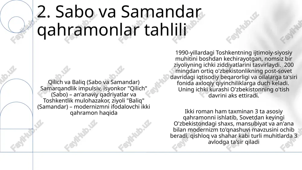 q hayoti, dehqonlar, zodagonlar, olimlar kabi turli ijtimoiy qatlamlar farqini aks ettiradi. sabo va samandar (15-asr markaziy osiyo): shaxsiy erkinlik va jamiyat cheklovlari, ko'chmanchi turmush tarzining suyuqligi va mustahkam shahar hayotiga (buxoro, samarqand) qarama-qarshiligi; qo'zg'olonchi shoir va pragmatik savdogarning qarama-qarshi obrazlari, temuriylar davrida siyosiy zulmga turlicha munosabatlarni aks ettiradi. 8. qarama-qarshi mavzularda hamdamning 2017-yilda chiqqan "qilich va salamandra" romani 15-asr samarqandi yoki temuriylar davri o'zbekistonining boshqa shaharlarini aks ettirib, zamonaviy o'zbekistonning ichki ziddiyatlarini ko'rsatadi. 300 betlik romanning ikki parallel syujeti va ramziyligi 10 ta ijobiy bahoga sazovor bo'ldi. o'zbekistonda chop etilgan ulug'bek hamdamning "muvozanat" romani post-sovet kontekstidagi jamiyatdagi muvozanatsizlik va shaxsiy kurashni aks ettirib, toshkentning murakkab ijtimoiy dinamikasida yashayotgan qahramonlar orqali xxi asr o'zbek hayotiga nazar tashlashni taklif qiladi hamdam romanlaridagi qudrat munosabatlari, identifikatsiya inqirozlar va insoniyat holatini o'zbek madaniy-tarixiy kontekstida tahlil qilish. ikki romanda qo'llanilgan metaforik til (taxminan 4 adabiy uslub aniqlangan) postkolonial talqinlarga va zamonaviy o'zbek adabiyotiga ta'sirini …