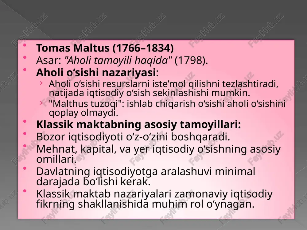 i: raqamli texnologiyalar va yashil energiya sohasidagi yutuqlar. innovatsiyalarni rag‘batlantiruvchi dasturlar (masalan, grantlar, soliq imtiyozlari). endogen o‘sish nazariyasi endogen o‘sish nazariyasi iqtisodiy o‘sishning ichki omillariga, xususan, texnologik innovatsiyalar, bilim, va inson kapitaliga asoslanganligini ta’kidlaydi. ushbu nazariya 1980-yillarda pol romer, robert lukas, va boshqa iqtisodchilar tomonidan ishlab chiqilgan. 1. asosiy g‘oyalar: iqtisodiy o‘sishning asosiy omillari iqtisodiyot ichidagi jarayonlardan kelib chiqadi. bilim va innovatsiyalar iqtisodiy o‘sishni davomli ta’minlaydi. davlat siyosati va infratuzilmani rivojlantirish kabi omillar o‘sish sur’atiga sezilarli ta’sir ko‘rsatadi. 2. endogen o‘sishning asosiy omillari: inson kapitali: ta’lim va malaka oshirish inson samaradorligini oshiradi. bilimli ishchi kuchi iqtisodiyotning innovatsion qobiliyatini kuchaytiradi. bilim va tadqiqotlar: ilmiy izlanishlar va texnologik yangiliklar iqtisodiy o‘sishning barqarorligi uchun muhimdir. bilimning o‘sishi tashqi samaradorlikni keltirib chiqaradi (knowledge spillover). davlat siyosati: ta’lim, infratuzilma, va tadqiqot faoliyatini qo‘llab-quvvatlovchi siyosat iqtisodiy o‘sishni rag‘batlantiradi. 3. endogen o‘sish modeli (pol romer): romerning modeli bilim va texnologiyaning iqtisodiy o‘sishdagi o‘rniga asoslanadi. asosiy xususiyatlar: bilim …