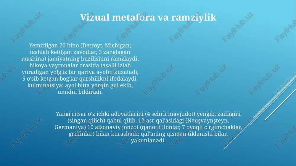 nimatsion film (3 daqiqa): gvatemalada joylashgan qadimgi mayya shahri tikal. kompyuter grafikasi yordamida yaratilgan jaguar ruhi va inson sehrgarining o'zaro ta'siri. vizual: yagurning sayohati, samoviy hizalanish (2012 yil taqvimi) 2077-yilgi post-apokaliptik london, 8 betli komiks: mutant mavjudotlar, yer osti tunnellari, kam resurslar. panelma-panel omon qolish kurashi, uch omon qolganning o'zaro munosabati. suv manbasini topish, ziddiyatlar, ittifoqlar; tashlab ketilgan shahardagi 3 asosiy joy; 250 omon qolgan. 4. hursandchilik bog'i), tabiatning landshaftni qaytarib olishi. vizual hikoya buzilish va tiklanishni tasvirlaydi. syujet: tabiatning inson ta'siriga qarshi sekin g'alabasi haqida 35 yil o'tgach, ofatdan keyin vaqt o'tishi ko'rsatilgan. 200 000 kishi ko'chirilgan. qiziqarli syujetlar yaratish har xil vositalarda (foto, video, komiks, cgi, ertaklar) vizual hikoyalar jozibali syujet tuzilmalarini talab qiladi. 19-asr parij ertagi yoki kelajakdagi cgi animatsiyasi kabi hikoyalarda "uch qismli tuzilma" (boshlanish, to'qnashuv, yechim) ni qo'llash muhim keng planlar (grand kanyon kabi manzaralar), yaqin planlar (his-tuyg'ularni ta'kidlash) va dinamik kamera harakatlaridan (kuzatish kadrlari) …