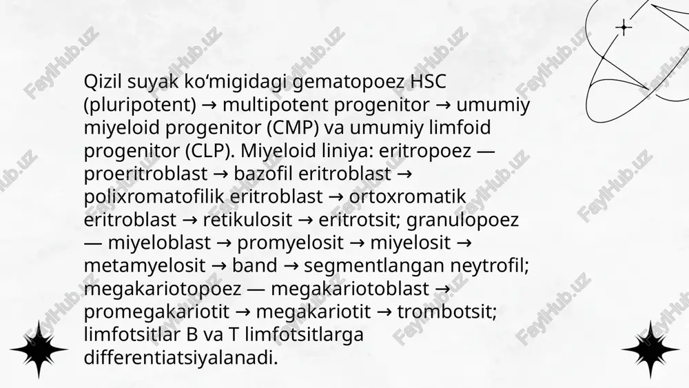 volashdan keyingi suyak ko'migi tiklanishi radiatsiya va sitotoksik davolash qizil suyak ko‘migi funksiyasini dnk shikastlanishi, mikromuhit zarar, endotelial va stromal hujayra yo‘qolishi orqali buzadi. dozalar >2 gy’da supressiya, >7 gy’da aplaziya xavfi ortadi. sitotoksik terapiyada nadir odatda 7–14 kun, tiklanish 3–4 hafta davom etadi. yuqori dozli konditsionirovka va transplantatsiyada engraftment 10–21 kun ichida sodir bo‘ladi. tiklanishni yosh, gematopoetik zaxira, g-csf, trombopoetin, transfuziyalar va krioprezervatsiya taʼsir qiladi. monitoring: cbc va suyak iligi biopsiyasi. ... t.me/slaydai_bot suyak ko'migi transplantatsiyasi metodlari: autologik, allogenik, haploidentik va umbilikal cord qon ko'chirish; donor manbalari: suyak iligi, periferik qon, umbilikal cord. rejalar: miyeloablatif va kamaytirilgan intensivli konditsioner. regeneratsion javob: neytrofil engraftment odatda 14–21 kun, trombotsit 21–35 kun; immun rekuperatsiya 3–12 oy. asoratlar: graft-versus-host kasalligi, infektsiyalar, ko'chirish muvaffaqiyatsizligi. kuzatuv: kimerizm analizi, gematologik monitoring. qo'llab-quvvatlovchi terapiya: g-csf, mesenximal stromal hujayra qo'shilishi regeneratsiyani yaxshilashi mumkin. ... t.me/slaydai_bot gen terapiyasi qizil suyak ko‘migi regeneratsiyasini yaxshilash uchun gen etkazib berish, gen tahriri …