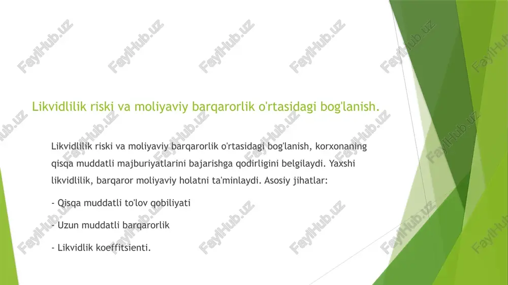 ti toʻlovga qobiliyatlilik, korxonaning qisqa muddatli majburiyatlarini o'z vaqtida bajarish qobiliyatini anglatadi, bu esa moliyaviy barqarorlikni ta'minlaydi. 2 moliyaviy barqarorlikda rol toʻlovga qobiliyatlilik, moliyaviy barqarorlikni saqlashda muhim omil bo'lib, investorlar va kreditorlar ishonchini oshiradi, risklarni kamaytiradi. 3 risklarni boshqarish toʻlovga qobiliyatlilikni oshirish, moliyaviy risklarni boshqarish strategiyalarini qo'llash orqali amalga oshiriladi, bu esa korxona barqarorligini mustahkamlashga yordam beradi. korxonalar uchun toʻlovga qobiliyatlilik strategiyalari. korxonalar uchun toʻlovga qobiliyatlilik strategiyalari, qisqa muddatli majburiyatlarni bajarish va moliyaviy barqarorlikni ta'minlashga qaratilgan. ushbu strategiyalar quyidagilarni o'z ichiga oladi: likvidlikni oshirish, xarajatlarni kamaytirish va daromadlilikni yaxshilash. qattiq moliyaviy rejalashtirish va risklarni boshqarish muhim ahamiyatga ega. toʻlovga qobiliyatlilikni oshirishda likvidlilik koeffitsientining ta'siri. 1 likvidlilik koeffitsienti likvidlilik koeffitsienti, korxonaning qisqa muddatli majburiyatlarini bajarish qobiliyatini o'lchaydigan muhim moliyaviy ko'rsatkichdir. 2 toʻlovga qobiliyat likvidlilik koeffitsienti oshishi toʻlovga qobiliyatini yaxshilaydi, bu esa kredit beruvchilar va investorlar uchun ishonchni oshiradi. 3 risklarni kamaytirish yuqori likvidlilik koeffitsienti, korxonalar uchun moliyaviy xavflarni kamaytiradi, bu esa …