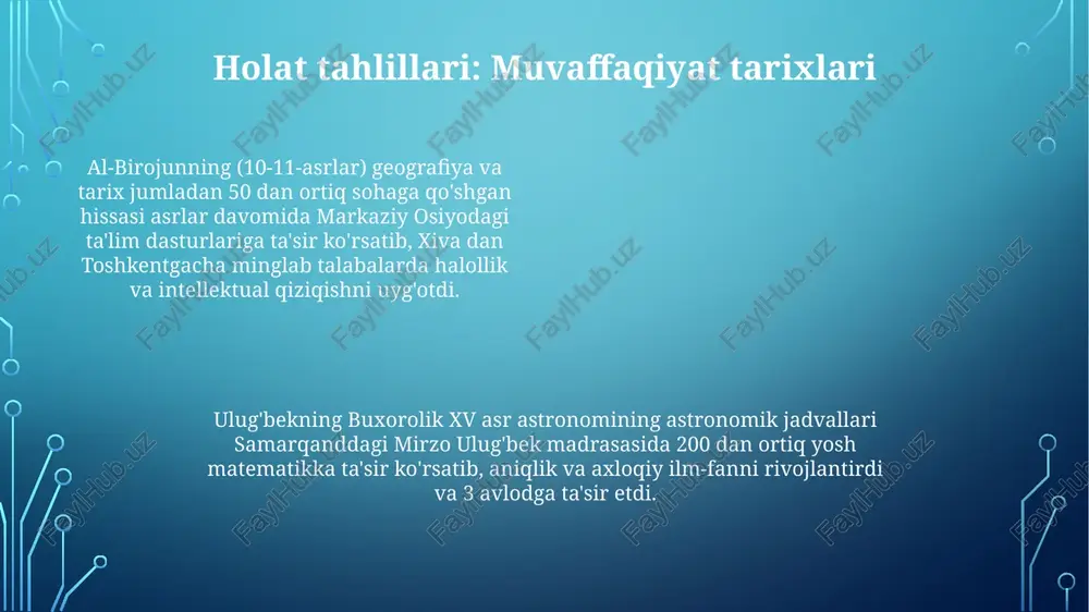 5 ta viloyatdagi 20 dan ortiq maktabda markaziy osiyo olimlarining asarlarini o'z ichiga olgan (masalan, matematika, astronomiya, axloqshunoslik kurslari) ta'lim dasturlari aql-idrok qiziqishi, halollik va qat'iyatlilik kabi axloqiy qadriyatlarni singdiradi o'tmish ta'lim tizimlari 19-20-asrlar rus va sovet hukmronligi davrida an'anaviy madrasa tizimining tanazzulini, ularning o'rnini dunyoviy davlat nazoratidagi ta'lim tizimlari egallaganini ko'rdi. dastlab diniy ta'limni bostirgan bo'lsa-da, sovet davri ta'limi targ'ibot va kollektiv g'oyalar orqali kommunistik axloqni shakllantirishga qaratilgan edi 15-18-asrlar temuriylar va moʻgʻullar imperiyalarining taʼlimni qoʻllab-quvvatlash davri boʻldi adolat va adillik tushunchalari 9-12-asrlarda markaziy osiyo olimlari (masalan, al-forobiy, ibn sino) adl va insof tushunchalarini ishlab chiqdilar, bu islom huquqiy falsafasiga (shariat) va eron, balkh, samarqanddagi boshqaruvga ta'sir ko'rsatdi. ularning axloqiy tamoyillari ("fazilatli shahar" kabi) ijtimoiy uyg'unlik, shaxsiy mas'uliyat va hukmdor javobgarligini ta'kidladi markaziy osiyo intellektual merosining madrasalar (masalan, bag'doddagi al-nizomiyya universiteti) orqali tarqalishi mintaqadagi ta'lim amaliyotlarini asrlar davomida shakllantirib, axloqiy tarbiyaga ta'sir ko'rsatdi markaziy osiyo olimlarining mantiq va aqlga …
