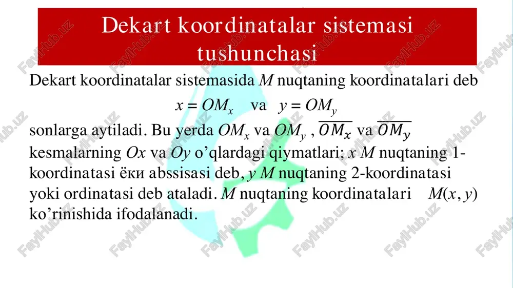 ʻgʻri chiziqning normal tenglamasi quyidagi xossalarga ega: 1. tenglamada x va y oldidagi koeffisientlar absolyut qiymati boʻyicha birdan katta boʻlmagan sonlardir. 2. tenglamada x va y lar oldidagi koeffisientlarning kvadratlari yigʻindisi 1 ga teng. 3. tenglamadagi ozod had manfiy son. toʻgʻri chiziqning normal tenglamasi misol. oy o‘qidan b=-4 kesma ajratib, ox o‘qi bilan 600 burchak tashkil qiluvchi to‘g‘ri chiziqning tenglamasini yozing. yechish. 𝑘 = 𝑡𝑔600 = 3 bundan 𝑦 = 𝑘𝑥 + 𝑏 = 3𝑥 − 4 ya’ni, burchak koeffitsiyentli tenglamasini yozdik. tenglamani umumiy ko‘rinishga keitiramiz 3𝑥 − 𝑦 − 4 = 0. bundan kesmalar bo‘yicha tenglamasiga o‘tamiz 3𝑥 − 𝑦 = 4 , 𝑥 4 3 + 𝑦 −4 = 1, bu yerda 𝑎 = 4 3 , 𝑏 = −4. toʼgʼri chiziqning tadbig’iga doir quyidagi masalani ko’rib chiqamiz: masala. fermer xo‘jaligi poliz mahsulotlarini yig‘ishtirishda qo‘shimcha ishchi kuchidan foydalanadi va 1 gektarga 100 ming so‘m xarajat qiladi. 5 gektarga …