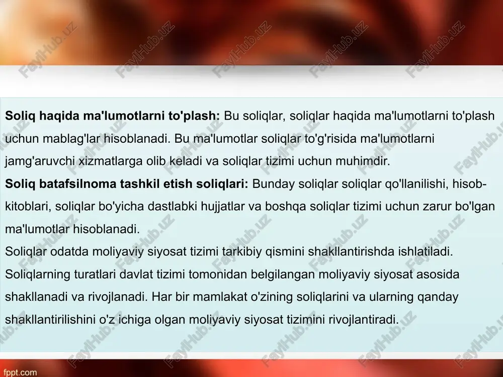 o'rin tutadi. xulosa soliqlar, davlat byudjeti daromadlarini shakllantirishda chegaralangan mablag'lar to'plashning muhim vositasi bo'lib, ular daromadlarni shakllantirish, taʼlim, sog'liqni saqlash, infrastrukturani rivojlantirish, ijtimoiy himoya va iqtisodiy tashkilotlarni rivojlantirish uchun sarflanadi. bu soliqlar mamlakatning moliyaviy siyosatining asosiy qismi bo'lib, ular moliyaviy resurslarni o'zlashtirish va ishlab chiqarish jarayonlarini rivojlantirish, fuqarolarga xizmat ko'rsatish va davlatning o'sishini ta'minlashda katta o'rin tutadi. buning natijasida soliqlarning o'zlariga xos mohiyati, davlat byudjetini shakllantirishda muhim ahamiyatga ega bo'lib, mamlakatning moliyaviy barqarorligini ta'minlashda muhim vosita sifatida ko'rsatiladi. foydalanilgan adabiyotlar https://fayllar.org/mavzu-davlat-byudjeti-daromadlarini-shakllantirishda-soliqlarn.html http://lib.jizpi.uz/pluginfile.php/14173/mod_resource/content/0/soliqlarning_budjet_daromadlarini_tashkil_qilishdagi_orni_va_ahamiyati.pdf https://uz.wikipedia.org/wiki/davlat_byudjeti https://cyberleninka.ru/article/n/soliqlarni-turli-byudjetlar-o-rtasida-taqsimlashning-texnik-va-iqtisodiy-samaradorligi http://em.tiiame.uz/storage/web/source/1/elektron%20kutubxona/15-17%20moliya.pdf