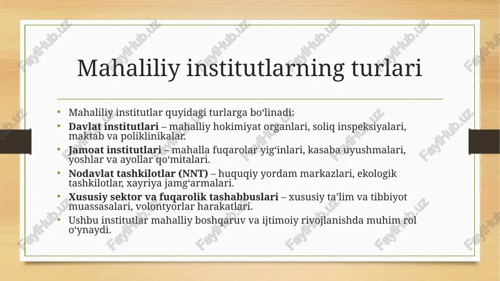 dudiy rivojlanishga katta hissa qo‘shadi. xulosa mahaliliy institutlar jamiyatning muhim bo‘g‘ini bo‘lib, hududiy rivojlanish, ijtimoiy barqarorlik va fuqarolarning farovonligini ta’minlashda katta rol o‘ynaydi. ularning samarali ishlashi uchun huquqiy baza mustahkamlash, moliyaviy imkoniyatlarni kengaytirish va zamonaviy texnologiyalarni joriy etish zarur. ilg‘or xalqaro tajribalar shuni ko‘rsatadiki, mahalliy boshqaruvni rivojlantirish orqali fuqarolar faolligini oshirish va hududlarni yanada taraqqiy ettirish mumkin. shu sababli, mahalliy institutlarni takomillashtirish mamlakatning barqaror rivojlanishiga xizmat qiladi. foydalanilgan adabiyotlar o‘zbekiston respublikasi konstitutsiyasi. – toshkent, 2023. “mahalliy davlat hokimiyati to‘g‘risida”gi qonun. – toshkent, 2022. karimov i.a. o‘zbekiston: bozor iqtisodiyotiga o‘tishning o‘ziga xos yo‘li. – toshkent, 1993. smith b. decentralization: the territorial dimension of the state. – london, 1985. undp. decentralized governance and development: a global perspective. – new york, 2020. oecd. principles of effective public governance. – paris, 2019. maxmudov n. mahalliy boshqaruv tizimining rivojlanish bosqichlari. – toshkent, 2021. image5.png image6.png image3.png image4.png /docprops/thumbnail.jpeg