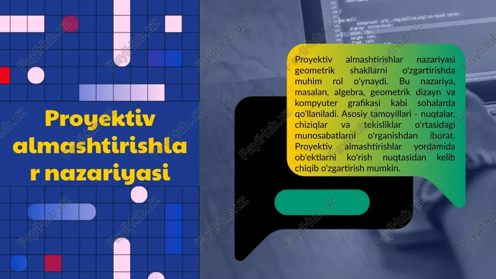 i arxitektura proyektiv almashtirishlar arxitektura sohasida binolarni loyihalashda muhim ahamiyatga ega. ular yordamida 3d modellar 2d chizmalariga osonlik bilan o'tkaziladi, bu esa loyiha jarayonini soddalashtiradi. kompyuter grafikasi kompyuter grafikasi sohasida proyektiv almashtirishlar 3d tasvirlarni 2d ga o'tkazishda keng qo'llaniladi. bu texnologiya video o'yinlar va animatsiyalar yaratishda asosiy rol o'ynaydi. fizika fizikada proyektiv almashtirishlar optikada tasvirlarni o'zgartirishda ishlatiladi. masalan, kamera va proyektorlar yordamida tasvirlarni to'g'ri o'lchovlarda ko'rsatish uchun kerak. boshqa sohalar proyektiv almashtirishlar virtual reallik va displey tizimlarida ham qo'llaniladi. bu usullar yordamida foydalanuvchilarga interaktiv va haqiqiy ko'rinishda tajriba taqdim etiladi. 01 02 03 04 misol: 3d ob'ektni 2d ga o'tkazish proyektiv almashtirish jarayoni 3d ob'ektni 2d tasvirga o'tkazish jarayonida proyektiv almashtirishlar qo'llaniladi. bu jarayonda har bir nuqta proyektiv almashtirish formulalari yordamida yangi joylashuvga ega bo'ladi. ob'ektni 2d ga o'tkazishda uning ko'rinishi va joylashuvi muhim ahamiyatga ega. kub misoli kubni proyektiv almashtirish orqali 2d ga o'tkazish jarayonida, uning barcha nuqtalari proyektiv …