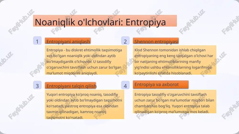 uni va prognoz qilinishi haqida tushuncha beradi. yuqori entropiya juda oldindan aytib bo'lmaydigan va ma'lumotlarga boy taqsimotni ko'rsatadi, past entropiya esa ko'proq bashorat qilinadigan va kamroq informatsion tizimni anglatadi. entropiya axborot nazariyasi, qarorlar qabul qilish va mashinani o'rganish kabi sohalarda keng qo'llanilishiga ega bo'lib, ma'lumotlarni samarali siqish, maqbul qaror qabul qilish va model ishlashini yaxshilash imkonini beradi. 11 image1.png image2.png image3.png image4.png image5.png image6.png image7.png image8.png image9.png image10.png image11.png image12.png image13.png image14.png image15.png image16.png image17.png image18.png image19.png