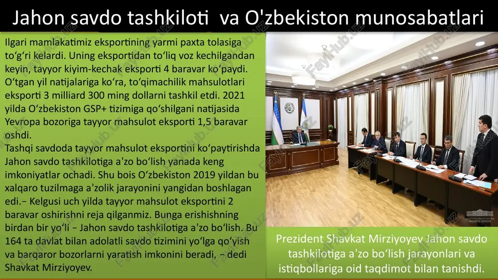 ton o'z moliyaviy sohasini, iqtisodiy rivojlantirishni, savdo munosabatlarini o'rganish va unctad bilan ishbilarmonlikni rivojlantirish imkoniyatlarini o'rganib chiqdi. moliyaviy tashvishlar va investitsiyalar: o'zbekiston unctad orqali moliyaviy sohasida yordam berayotgan, moliyaviy tashvishlar va investitsiyalar sohasida ko'plab ko'nikmalar olishdi. unctad o'zbekistonning moliyaviy tashvishlarini o'rganish, ularni yaxshi qabul qilish, va investitsiya tariflarini tuzishda yordam beradi. o'zbekiston va unctad munosabatlari davomida xalqaro savdo qoidalari, import-eksport munosabatlari, tijoratni o'stirish va qo'shimcha export qilish bo'yicha maslahatlar o'tkazildi. bu qoidalar o'zbekistonning xalqaro savdo munosabatlarini rivojlantirishda muhim ahamiyatga ega. this presentation uses a free template provided by fppt.com www.free-power-point-templates.com xulosa "jahon savdo tashkiloti (jst) va o'zbekiston o'rtasidagi munosabatlar o'zbekistonning xorijiy savdo va investitsiyalarni rivojlantirishda o'rni muhim o'ynaydi. jst tashkilotlari o'zbekistonning infrastrukturasini oshirishda yordam beradi va tashqari investitsiyalarni jalb qilishda katta rol o'ynaydi. o'zbekiston, jst orqali xususiy savdo zonalarini rivojlantirib, tijoratning o'sishiga va xorijiy bozorlarga kirishga qo'shimcha imkoniyatlar yaratadi. soliq tizimi va iqtisodiy imtiyozlar sohasidagi islohotlar o'zbekistonning xorijiy investitsiyalarni jalb …