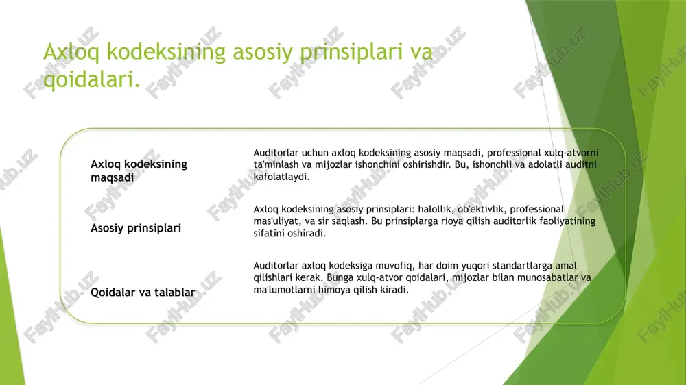 ar bilan ishonchni mustahkamlaydi. 3 maxfiylikni saqlash - auditorlar mijozlar va ularning moliyaviy ma'lumotlari haqida maxfiylikni saqlashlari shart. bu, auditorlik faoliyatining asosiy tamoyillaridan biridir. o'zbekistonda auditorlik axloqiy me'yorlarining tarixi. 1 o'zbekistonning tarixiy davrlari o'zbekistonda auditorlik axloqiy me'yorlari mustaqillikdan avvalgi davrlarda shakllana boshlagan, uning asoslari tarixiy an'analar va madaniyatga tayangan. 2 mustaqillikdan keyin 1991 yilda o'zbekiston mustaqillikka erishgach, auditorlik faoliyati va axloqiy me'yorlar yangi qonunlar va standartlar bilan rasmiylashtirildi, bu jarayon tezlashdi. 3 milliy standartlar o'zbekistonda auditorlik axloqiy me'yorlarini belgilovchi milliy standartlar ishlab chiqildi, bu auditorlik sohasida xalqaro me'yorlarga mos kelishga intilishni ko'rsatadi. 4 o'zbek madaniyati o'zbek madaniyatidagi axloqiy qadriyatlar, masalan, adolat va halollik, auditorlik me'yorlarining asosini tashkil etadi, bu esa auditorlarning obro'sini oshiradi. axloqiy me'yorlar va auditorlarning obro'si: o'zaro bog'liq jihatlar. axloqiy me'yorlar auditorlarning axloqiy me'yorlari, ularning ish faoliyatidagi halollik va obro'sini saqlashga yordam beradi, shu bilan birga, ishonchni oshiradi. auditorlarning obro'si auditorlarning yuqori obro'si ularning xizmatlariga bo'lgan ishonchni kuchaytiradi …