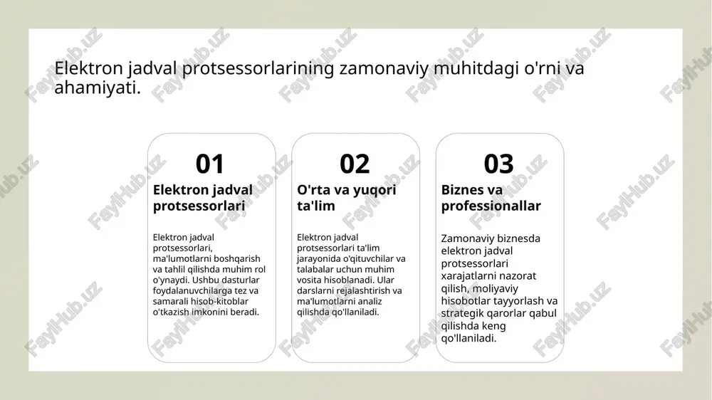 r yordamida ma'lumotlarni vizuallashtirishga imkon beradi, bu esa tahlilni yanada tushunarli qiladi. hamkorlik va ulashish ushbu dasturlar bir nechta foydalanuvchilar tomonidan bir vaqtning o'zida ishlash imkonini beradi, bu esa jamoaviy ishni samarali qiladi va ma'lumotlarni ulashish imkoniyatini oshiradi. elektron jadval funksiyalari: formulalar va hisob-kitoblar. 1 formulalar va hisob-kitoblar elektron jadval protsessorlari formulalar yordamida murakkab hisob-kitoblarni tez va aniq amalga oshirish imkonini beradi. bu, foydalanuvchilarga ma'lumotlarni avtomatik ravishda tahlil qilish imkonini beradi. 2 avtomatik hisoblash formulalar yordamida foydalanuvchilar ma'lumotlar bazasidagi o'zgarishlarga javoban natijalarni avtomatik hisoblashlari mumkin. bu jarayon ko'p vaqtni tejaydi va xatoliklarni kamaytiradi. 3 statistik funksiyalar elektron jadval dasturlari statistik funksiyalarni ham o'z ichiga oladi, masalan, o'rtacha, median va dispersiya hisoblash. bu, ma'lumotlarni chuqur tahlil qilish imkonini beradi. ma'lumotlarni vizuallashtirish: grafiklar va diagrammalar. 01 grafiklar turlari grafiklar ma'lumotlarni vizuallashtirishda muhim rol o'ynaydi. ular chiziqli, ustunli, va pirog grafiklari kabi turli formatlarda bo'lishi mumkin. 02 diagrammalar va ularning afzalliklari diagrammalar ma'lumotlarni …