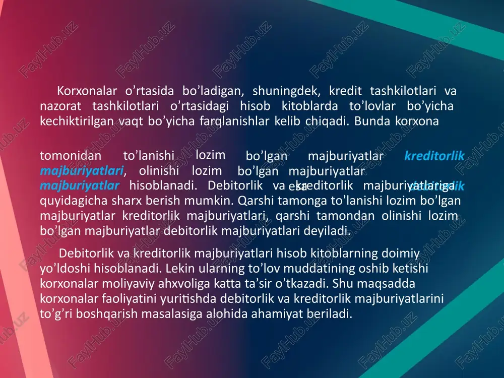 orlik majburiyatlarining yuzaga kelishining asosiy sababi hisob kitoblarda to’lovlar muddatining yoki sanasining turli hisobot davriga tushib qolishidir. bunda debitorlik kreditorlik majburiyatlarining yuzaga chiqishiga har qanday holda ham yo’l qo’yiladi. agarda mahsulotlar ortib jo’natish orqali sotiladigan bo’lsa bunda to’lovlar amalga oshish sanasiga qadar, agarda tovarlar pulini oldindan to’lash asosida sotiladigan bo’lsa bunda ham tovarlarni jo’natish sanasiga qadar majburiyat, qarz sifatida hisobda aks etttiriladi. debitorlik va kreditorlik majburiyatlar bo’yicha hisobot, ma’lumotnoma har oyning 1-sanasiga tuziladi va tegishli tashkilotlarga topshiriladi. debitorlik va kreditorlik qarzlari korxona balansi, ya’ni har chorakda tuziladigan korxona aktivlari, kapitali va majburiyatlari holati to’g’risidagi hisobotda ham aks ettiriladi. debitorlik va kreditorlik qarzlarining aylanmasini tahlil qilish kompaniyaning aylanma mablag'larini boshqarish samaradorligini tushunish uchun juda muhimdir. debitorlik qarzlarining aylanmasi kompaniyaning o'z mijozlaridan to'lovlarni yig'ish chastotasini bildiradi, kreditorlik qarzlari esa kompaniyaning etkazib beruvchilar yoki kreditorlarga qanchalik tez to'lashini ko'rsatadi. ushbu aylanma koeffitsientlarini o'rganish orqali korxonalar o'zlarining likvidligi, pul oqimlarini boshqarish va umumiy moliyaviy …