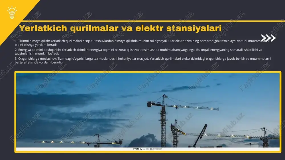 rur bo'lgan ma'lumotlar to'planadi, jumladan, yerning geologik xususiyatlari va elektr stansiyasining joylashuvi. 2. **tahlil**: keyin, yer qatlamining kuch va bosimga qarshilik ko'rsatish qobiliyati tahlil qilinadi. bu bosqichda yer qatlamining turli qatlamlari o'rtasidagi aloqalar aniqlanadi. 3. **hisoblash**: hisoblash jarayoni davomida, kerakli formulalar yordamida yerlatkichning o'lchamlari va shakli aniqlanadi. 4. **natijalar**: har bir bosqichda kutilgan natijalar aniqlanadi va tahlil qilinadi. bu jarayonning oxirida, yechilgan muammolar va natijalar hujjatga olinadi. photo by ej yao on unsplash hisoblash formulalari yerlatkich qurilmasini hisoblashda bir qator muhim formulalar mavjud. masalan, yerlatkichning qarshiligi uchun quyidagi formula ishlatiladi: r = ρ * (l / a), bunda r - qarshilik, ρ - materialning o'ziga xos qarshiligi, l - simning uzunligi, va a - kesim maydoni. ushbu formula yerlatkichning samaradorligini ta'minlash uchun muhimdir. misol sifatida, agar simning uzunligi 10 m, kesim maydoni 1 mm² va materialning o'ziga xos qarshiligi 1.68 * 10^-8 ohm·m bo'lsa, unda qarshilik r = 1.68 * …