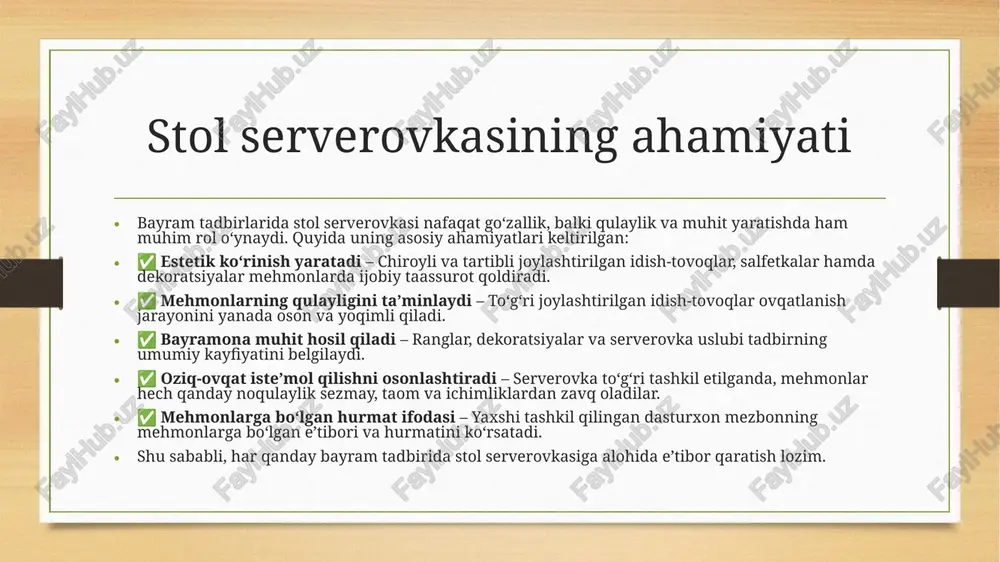 romantik va tantanali muhit yaratishga yordam beradi. tematik dekoratsiyalar, masalan, yangi yil bayrami uchun archa shoxchalari, to‘y dasturxoni uchun nafis bezaklar yoki milliy bayramlar uchun an’anaviy naqshli elementlar stolga o‘ziga xoslik baxsh etadi. bezak elementlari ortiqcha bo‘lmasligi, ovqatlanish va idish-tovoqlardan foydalanishda noqulaylik tug‘dirmasligi lozim. estetik va tartibli joylashtirilgan dekoratsiya mehmonlarga yoqimli taassurot qoldiradi. salfetkalarni bezash usullari salfetkalar nafaqat gigiyena vositasi, balki stol bezaklarining muhim qismi hisoblanadi. ularni turli usullarda buklash va bezash bayram stoliga yanada chiroyli ko‘rinish beradi. salfetkalarni bezashning asosiy usullari: oddiy buklama – salfetka chiroyli to‘rtburchak shaklda buklanib, likop ustiga yoki yoniga qo‘yiladi. konvert shakli – ichiga qoshiq, vilka va pichoq joylashtirish uchun mos keladi. yelpig‘ich shakli – stolga nafislik baxsh etuvchi klassik usul. gul shakli – maxsus buklash texnikasi yordamida salfetka gul shaklida joylashtiriladi. halqa ichida – salfetka maxsus bezakli halqalar ichiga solinib, stol dekoriga moslashtiriladi. salfetkalar matodan yoki qog‘ozdan bo‘lishi mumkin. ularning rangi va uslubi tadbir …