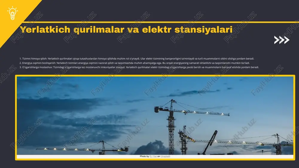 tr stansiyasining joylashuvi. 2. **tahlil**: keyin, yer qatlamining kuch va bosimga qarshilik ko'rsatish qobiliyati tahlil qilinadi. bu bosqichda yer qatlamining turli qatlamlari o'rtasidagi aloqalar aniqlanadi. 3. **hisoblash**: hisoblash jarayoni davomida, kerakli formulalar yordamida yerlatkichning o'lchamlari va shakli aniqlanadi. 4. **natijalar**: har bir bosqichda kutilgan natijalar aniqlanadi va tahlil qilinadi. bu jarayonning oxirida, yechilgan muammolar va natijalar hujjatga olinadi. photo by ej yao on unsplash hisoblash formulalari yerlatkich qurilmasini hisoblashda bir qator muhim formulalar mavjud. masalan, yerlatkichning qarshiligi uchun quyidagi formula ishlatiladi: r = ρ * (l / a), bunda r - qarshilik, ρ - materialning o'ziga xos qarshiligi, l - simning uzunligi, va a - kesim maydoni. ushbu formula yerlatkichning samaradorligini ta'minlash uchun muhimdir. misol sifatida, agar simning uzunligi 10 m, kesim maydoni 1 mm² va materialning o'ziga xos qarshiligi 1.68 * 10^-8 ohm·m bo'lsa, unda qarshilik r = 1.68 * 10^-8 * (10 / (1 * 10^-6)) = 0.168 …