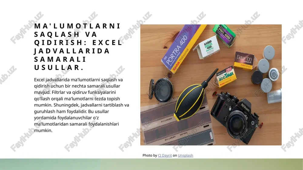 motlar interaktiv taqdimotlar uchun foydalanilishi mumkin. hyperlinklar va dinamik grafiklar taqdimotlarni qiziqarli va tushunarli qiladi. xulosa excelning ahamiyati ma'lumotlarni tahlil qilish vizualizatsiya imkoniyatlari excel jadvallari ma'lumotlarni boshqarish va tahlil qilishda juda muhim vosita bo'lib, ularni har qanday sohada qo'llash mumkin. excelda ma'lumotlarni tahlil qilish uchun turli formulalar va funksiyalar mavjud bo'lib, ular ish jarayonini yanada samarali qiladi. grafik va diagrammalar orqali ma'lumotlarni vizualizatsiya qilish, tushunishni osonlashtiradi va taqdimotlarni yanada qiziqarli qiladi. e'tiboringiz uchun rahmat! image1.jpg image2.jpg image3.jpg /docprops/thumbnail.jpeg