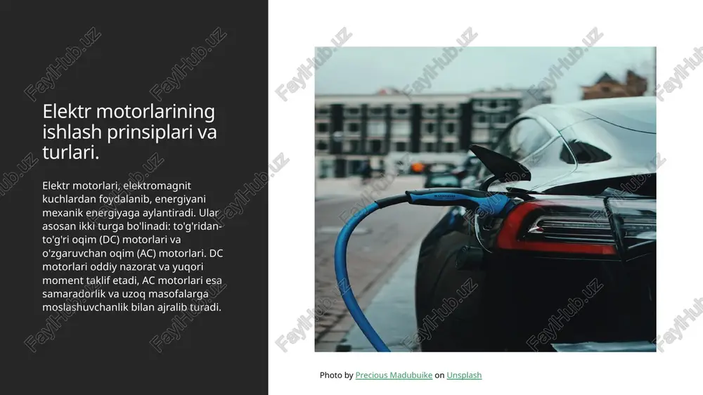 di. evropa ittifoqi davlatlarida elektr avtomobillarining soni oshmoqda. norvegiya elektr transport vositalarini quvvatlantirishda innovatsion yechimlarni qo'llamoqda. aqshda tesla kabi kompaniyalar elektr transportni rivojlantirishda yetakchi hisoblanadi. ular yuqori samarali batareyalar va ilg'or texnologiyalarni ishlab chiqmoqda. barqaror transportni rivojlantirishda energiya manbalari ta'siri. barqaror transportni rivojlantirishda energiya manbalari muhim rol o'ynaydi. elektr energiyasi, qayta tiklanuvchi manbalar orqali ishlab chiqarilganda, transport tizimlarining ekologik xavfsizligini oshiradi. bunday yondashuvlar, energiya samaradorligini ta'minlaydi va uzluksiz rivojlanishni qo'llab-quvvatlaydi. photo by rocco stoppoloni on unsplash elektr propulsiyaning kelajagi: istiqboldagi imkoniyatlar va muammolar. 01 kelajak imkoniyatlari elektr propulsiyaning kelajagi, yangi energiya manbalarini rivojlantirish va transport tizimlarini optimallashtirish orqali barqaror transportni ta'minlash imkoniyatlari ochadi. 02 texnologik yangiliklar innovatsion texnologiyalar, masalan, yuqori samarali batareyalar va quvvat konvertorlari, elektr propulsiya tizimlarining samaradorligini oshirishga yordam beradi. 03 qarshi turgan muammolar elektr propulsiyaning rivojlanishi, infratuzilma, energiya saqlash va xarajatlar kabi muammolarni hal qilishni talab etadi, bu esa innovatsiyalarni rag'batlantiradi. 04 o'zbekistonning roli o'zbekiston, elektr propulsiyaning …