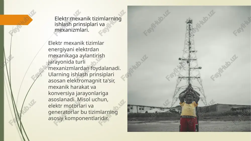 anik harakatga aylantiruvchi tizimlardir. ular ko'plab sohalarda, jumladan, transport va sanoatda qo'llaniladi. 2 amaliy misollar - elektr mexanik qurilmalarga misol sifatida elektr motorlari, generatorlar va robotlar kiritiladi. ular energiya konversiyasida muhim rol o'ynaydi. 3 qo'llanilishi - ushbu qurilmalar, avtomatlashtirilgan ishlab chiqarish, transport tizimlarida va uy-ro'zg'or texnikasida keng qo'llanilib, samaradorlikni oshiradi. 4 innovatsion yondashuvlar - zamonaviy elektr mexanik qurilmalar, yuqori samaradorlikka erishish uchun innovatsion texnologiyalardan foydalanadi, masalan, sensorlar va avtomatik boshqaruv tizimlari. komponentlar dizayni: innovatsion yondashuvlar va texnologiyalar. komponentlar dizayni innovatsion yondashuvlar va texnologiyalar yordamida samaradorlikni oshirishga qaratilgan. bugungi kunda 3d bosib chiqarish, nanomateriallar va iot texnologiyalari dizayn jarayonlarini sezilarli darajada takomillashtirmoqda. ular komponentlarning sifatini, ishlash muddatini va energiya samaradorligini yaxshilaydi. qurilmalar va ularning komponentlari: kelajakdagi rivojlanish yo'nalishlari. 1 qurilmalar innovatsiyasi elektr mexanik tizimlarida yangi qurilmalar innovatsiyalari, masalan, iot texnologiyalari orqali avtomatlashtirish va monitoring imkoniyatlarini taqdim etadi. 2 komponentlar evolyutsiyasi komponentlar ishlab chiqarishida yangi materiallar va nano-texnologiyalar qo'llanilishi, energiya samaradorligini oshirish …