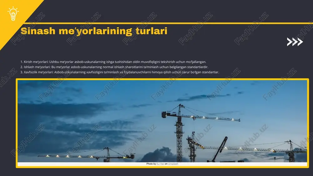 bot tayyorlanadi va tegishli tomonlarga taqdim etiladi. - tayyorlov bosqichida uskunalar va hujjatlarni to'plash, xavfsizlik chora-tadbirlarini ko'rish. - sinov bosqichida uskunani tekshirish va ko'rsatkichlarni aniqlash. - tahlil bosqichida natijalarni baholash va muammolarni aniqlash. - hisobot berish bosqichida tahlil qilingan ma'lumotlarni taqdim etish va tavsiyalar berish. ushbu slaydda elektr uskunalari uchun turli sinash usullari haqida muhokama qilinadi. har bir usulning afzalliklari va kamchiliklari keltirilgan bo'lib, bu usullarni yanada chuqurroq tushunishga yordam beradi. elektr uskunalarini sinashda, ularning xavfsizligi va samaradorligini ta'minlash maqsadida turli usullar qo'llaniladi. 1. **vizual sinov**: ushbu usulda elektr uskunalarining tashqi ko'rinishi va tuzilishi tekshiriladi. afzalliklari: tez va oson amalga oshiriladi. kamchiliklari: ichki muammolarni aniqlashda samarasiz bo'lishi mumkin. 2. **izolyatsiya sinovi**: usulda elektr izolyatsiyasi darajasi o'lchanadi. afzalliklari: xavfsizlikni ta'minlaydi, kamchiliklari: maxsus asboblar talab etiladi. 3. **qisqa tutashuv sinovi**: uskunadagi qisqa tutashuv holatlarini aniqlashga yordam beradi. afzalliklari: tezkor natijalar, kamchiliklari: faqat qisqa tutashuvlarni aniqlaydi. 4. **o'lchov va o'zgaruvchanlik sinovi**: uskunadagi o'lchov …