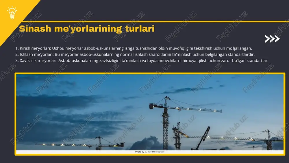 to'g'riligi baholanadi. 4) hisobot berish bosqichi: olingan natijalar to'plangan holda hisobot tayyorlanadi va tegishli tomonlarga taqdim etiladi. - tayyorlov bosqichida uskunalar va hujjatlarni to'plash, xavfsizlik chora-tadbirlarini ko'rish. - sinov bosqichida uskunani tekshirish va ko'rsatkichlarni aniqlash. - tahlil bosqichida natijalarni baholash va muammolarni aniqlash. - hisobot berish bosqichida tahlil qilingan ma'lumotlarni taqdim etish va tavsiyalar berish. ushbu slaydda elektr uskunalari uchun turli sinash usullari haqida muhokama qilinadi. har bir usulning afzalliklari va kamchiliklari keltirilgan bo'lib, bu usullarni yanada chuqurroq tushunishga yordam beradi. elektr uskunalarini sinashda, ularning xavfsizligi va samaradorligini ta'minlash maqsadida turli usullar qo'llaniladi. 1. **vizual sinov**: ushbu usulda elektr uskunalarining tashqi ko'rinishi va tuzilishi tekshiriladi. afzalliklari: tez va oson amalga oshiriladi. kamchiliklari: ichki muammolarni aniqlashda samarasiz bo'lishi mumkin. 2. **izolyatsiya sinovi**: usulda elektr izolyatsiyasi darajasi o'lchanadi. afzalliklari: xavfsizlikni ta'minlaydi, kamchiliklari: maxsus asboblar talab etiladi. 3. **qisqa tutashuv sinovi**: uskunadagi qisqa tutashuv holatlarini aniqlashga yordam beradi. afzalliklari: tezkor natijalar, kamchiliklari: faqat …